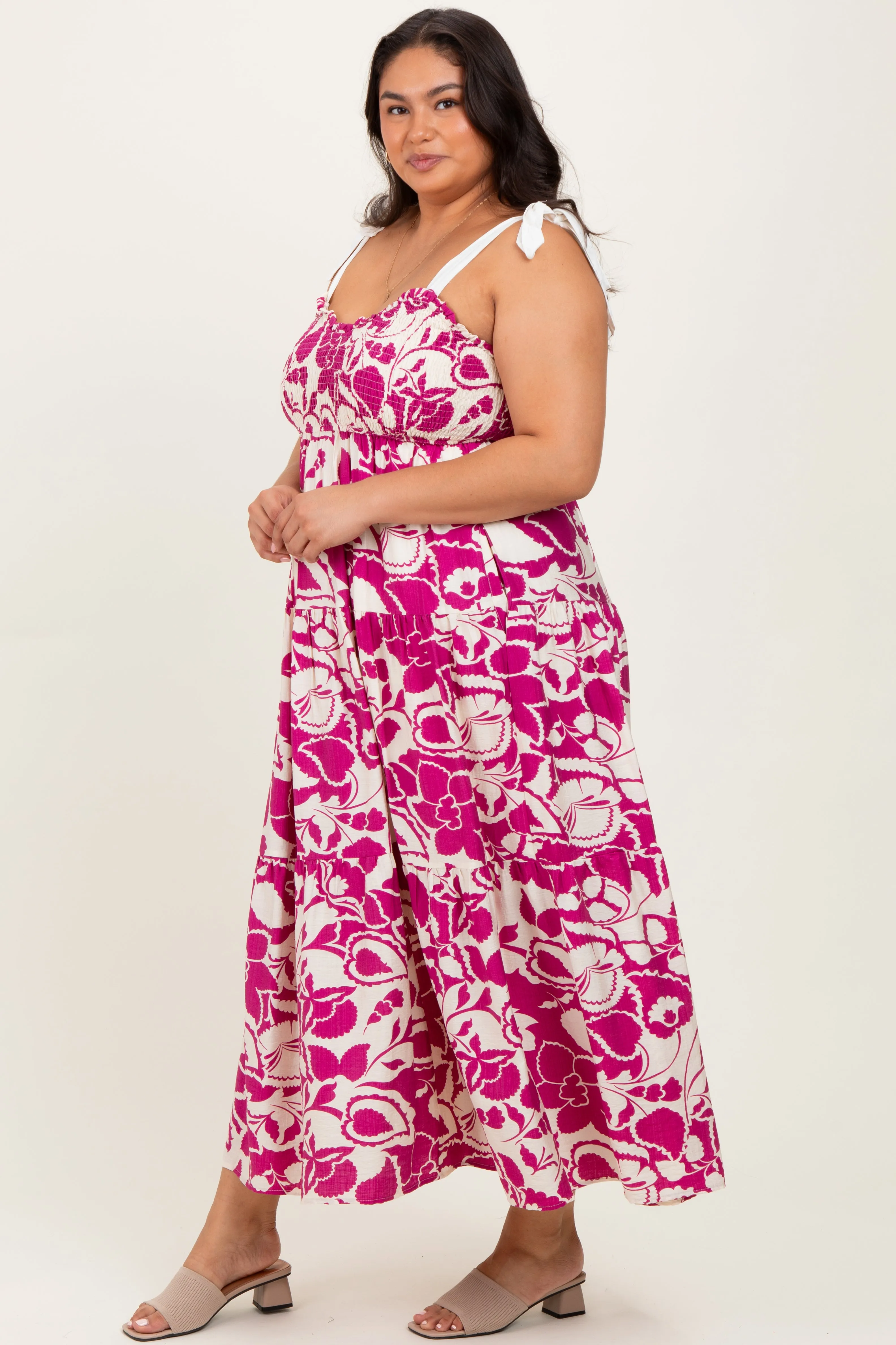 Fuchsia Floral Print Smocked Plus Maxi Dress sold by Pinkblush product image thumbnail 3