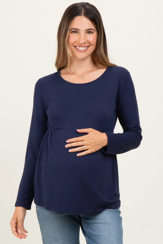 Navy French Terry Long Sleeve Scoop Neck Maternity Top sold by Pinkblush