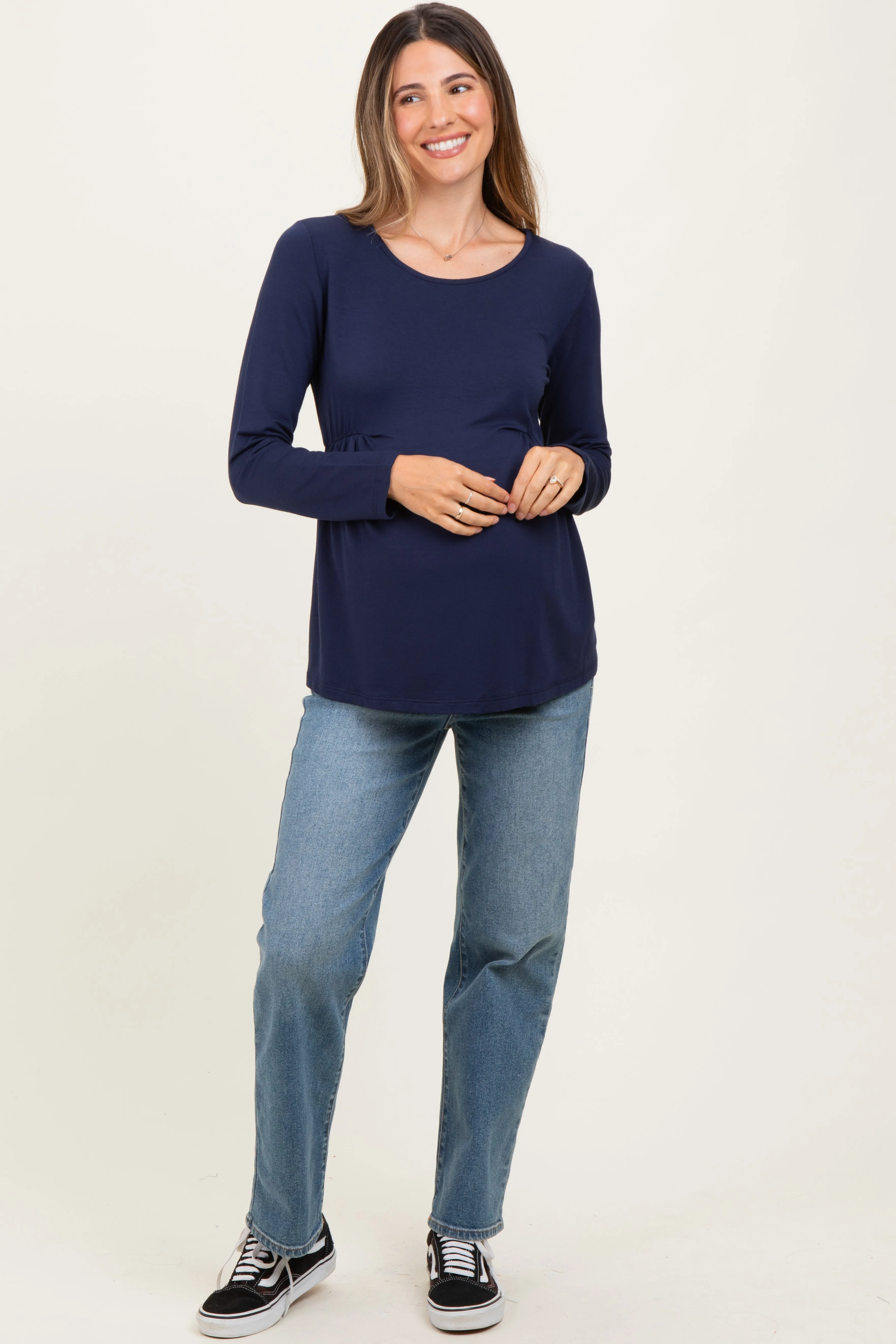 Navy French Terry Long Sleeve Scoop Neck Maternity Top sold by Pinkblush product image thumbnail 2