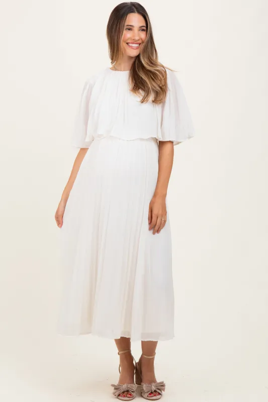 Cream Pleated Cape Maternity Midi Dress sold by Pinkblush