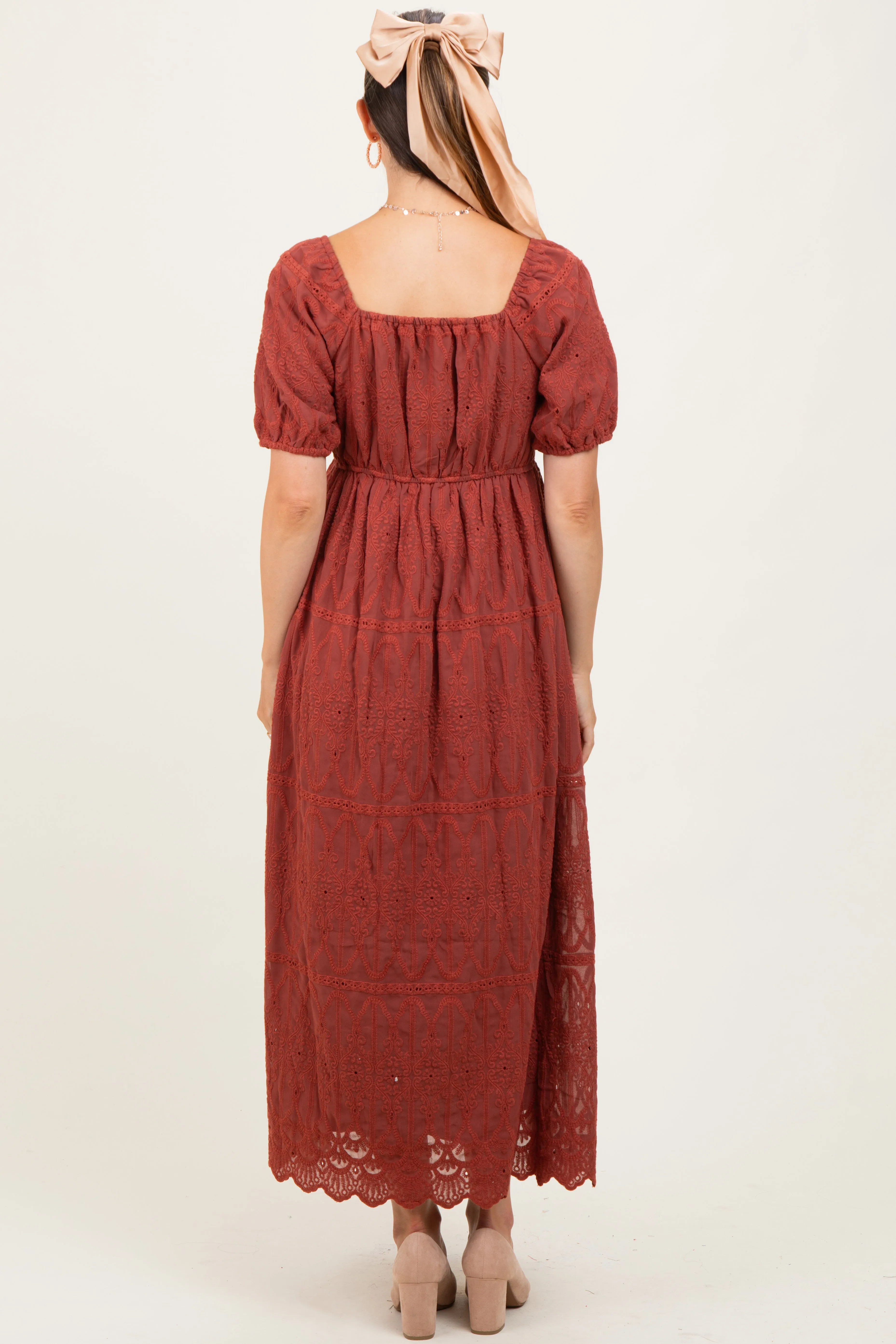 Rust Floral Embroidered Chiffon Maternity Midi Dress sold by Pinkblush product image thumbnail 4