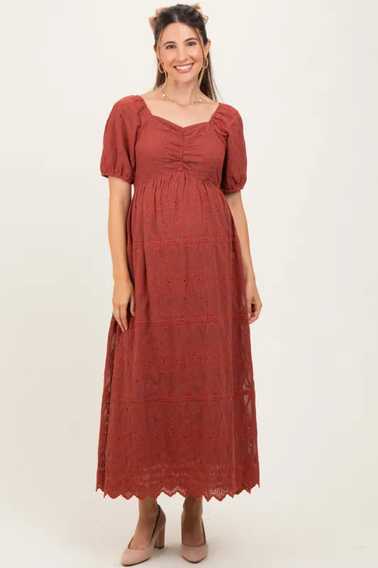 Rust Floral Embroidered Chiffon Maternity Midi Dress sold by Pinkblush