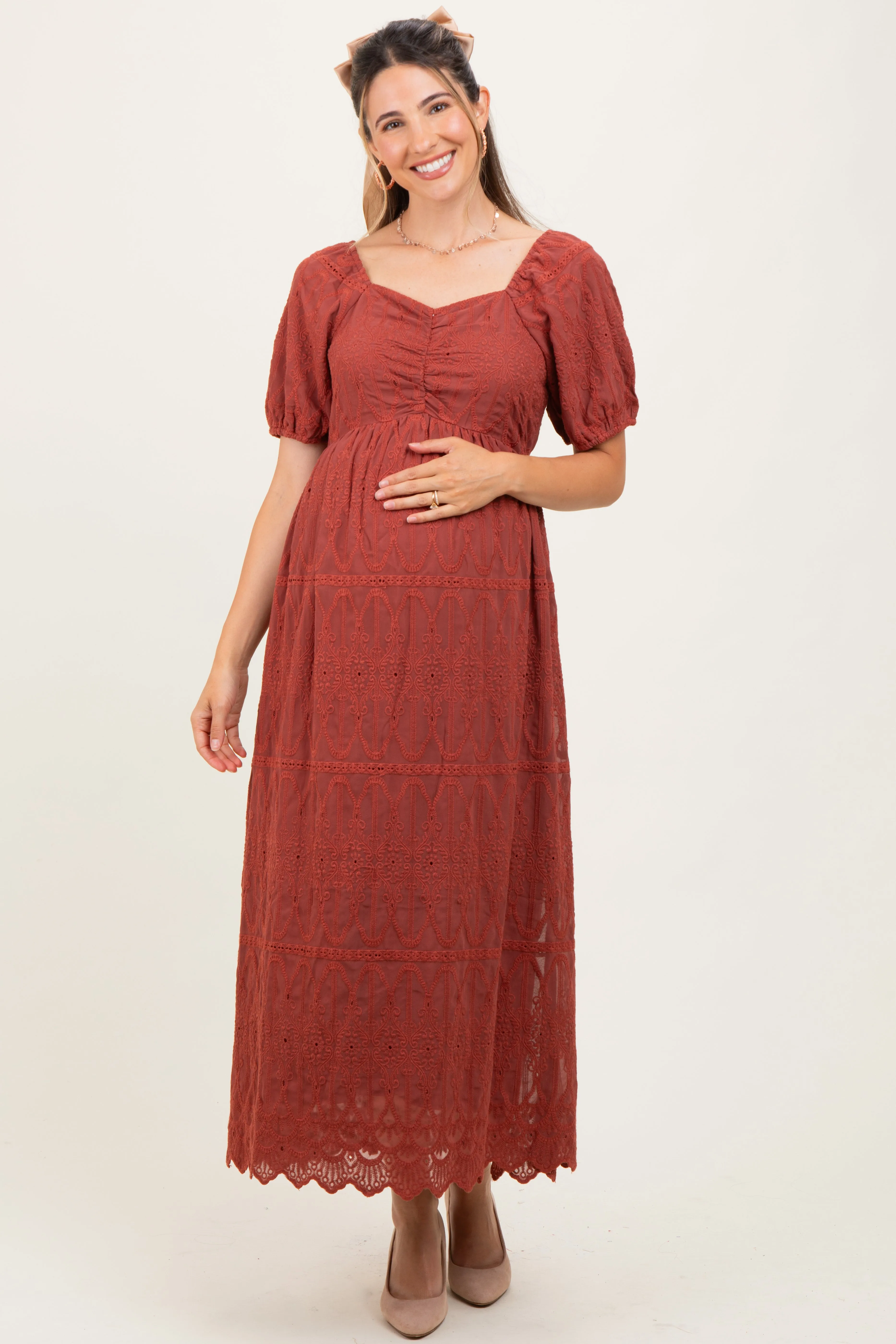 Rust Floral Embroidered Chiffon Maternity Midi Dress sold by Pinkblush product image thumbnail 2