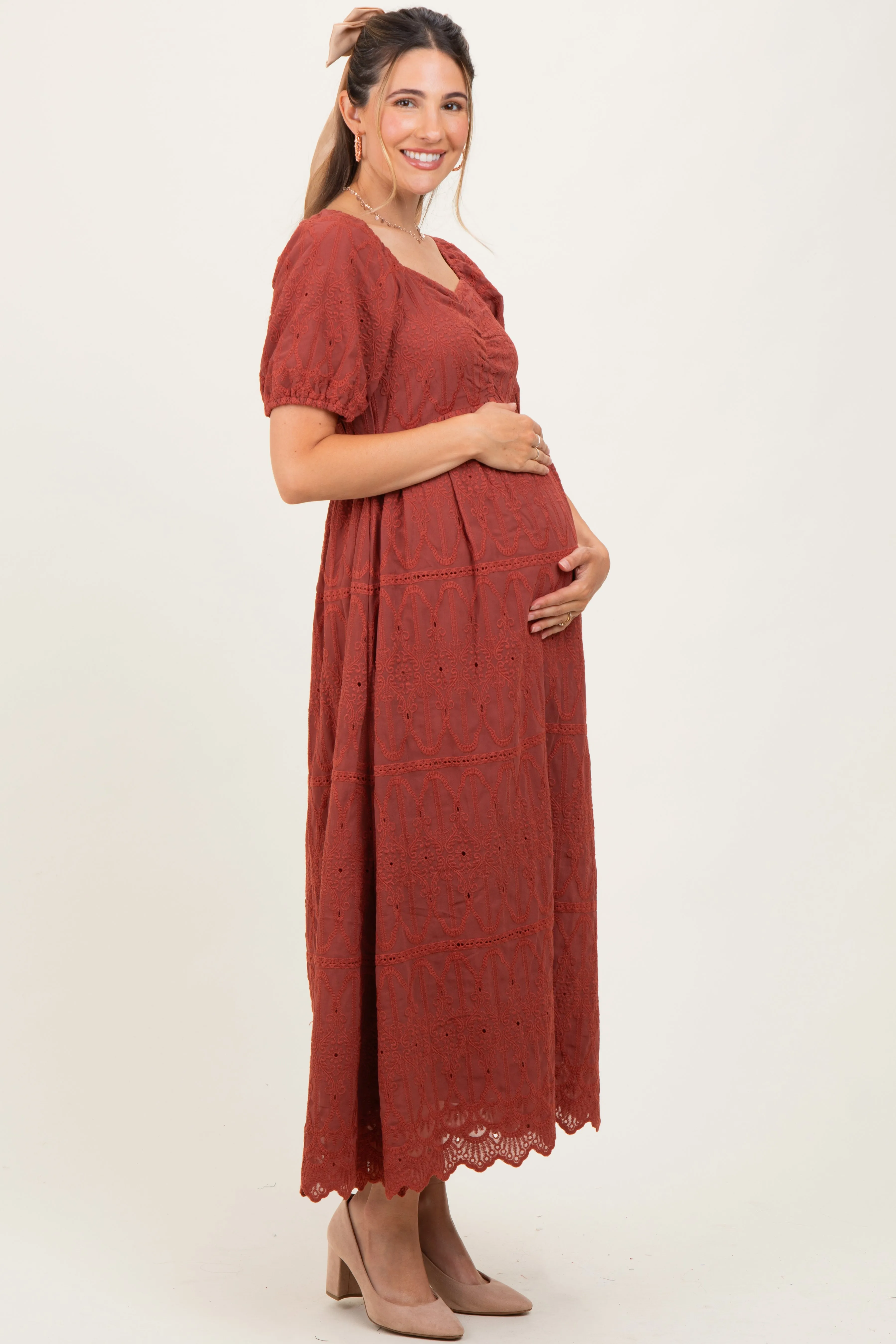 Rust Floral Embroidered Chiffon Maternity Midi Dress sold by Pinkblush product image thumbnail 3