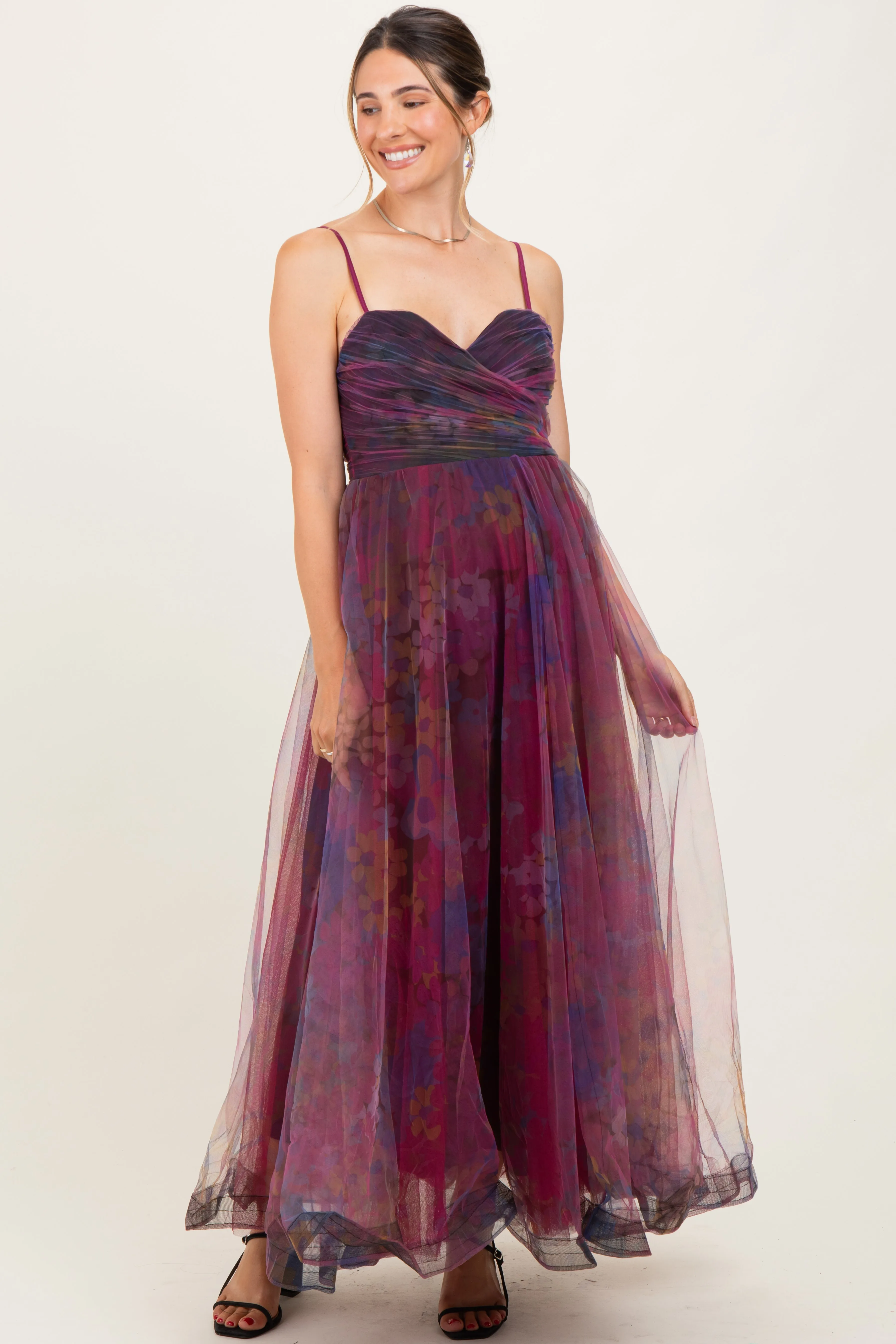 Magenta Floral Mesh Tulle Overlay Maternity Maxi Dress sold by Pinkblush