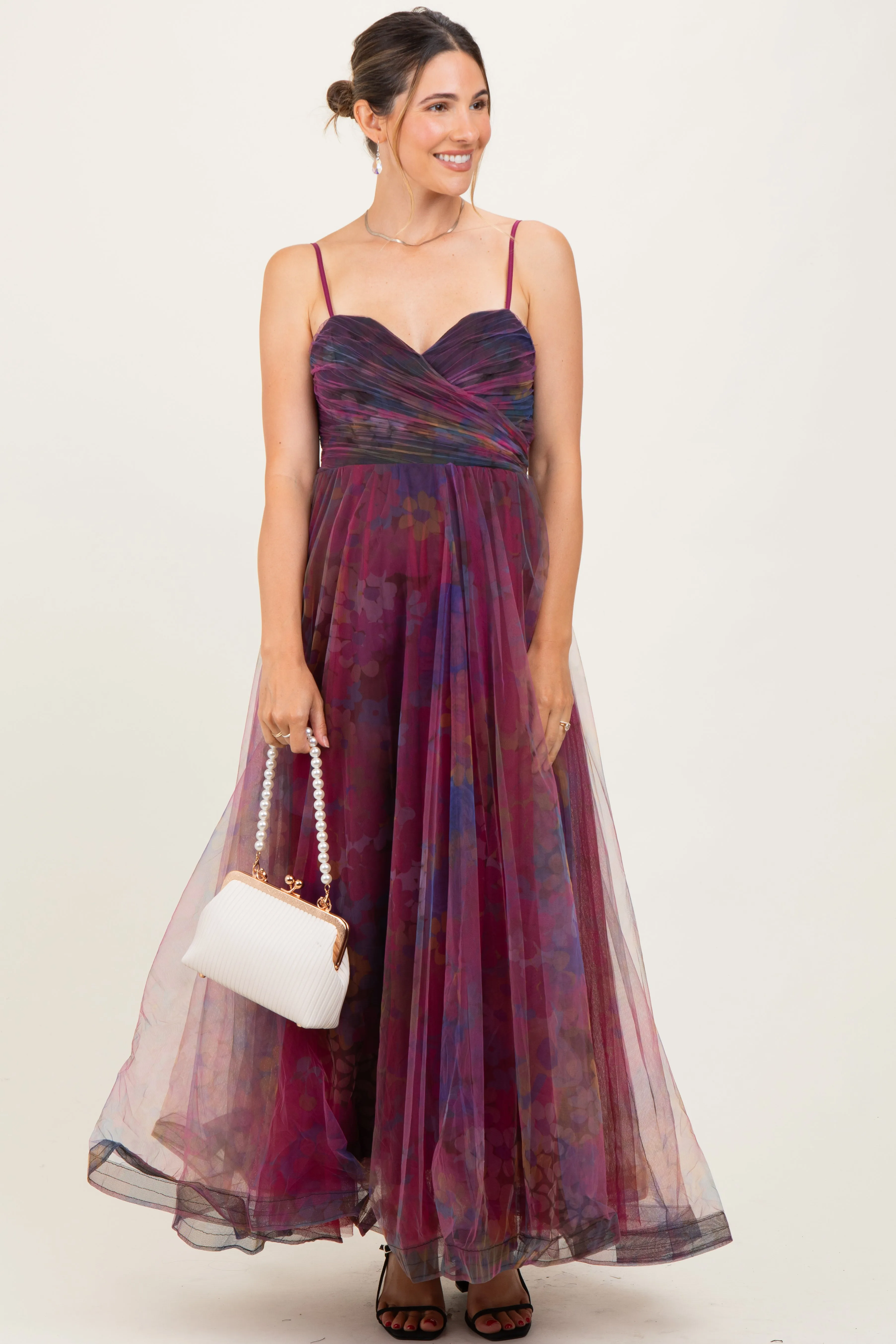 Magenta Floral Mesh Tulle Overlay Maternity Maxi Dress sold by Pinkblush product image thumbnail 2