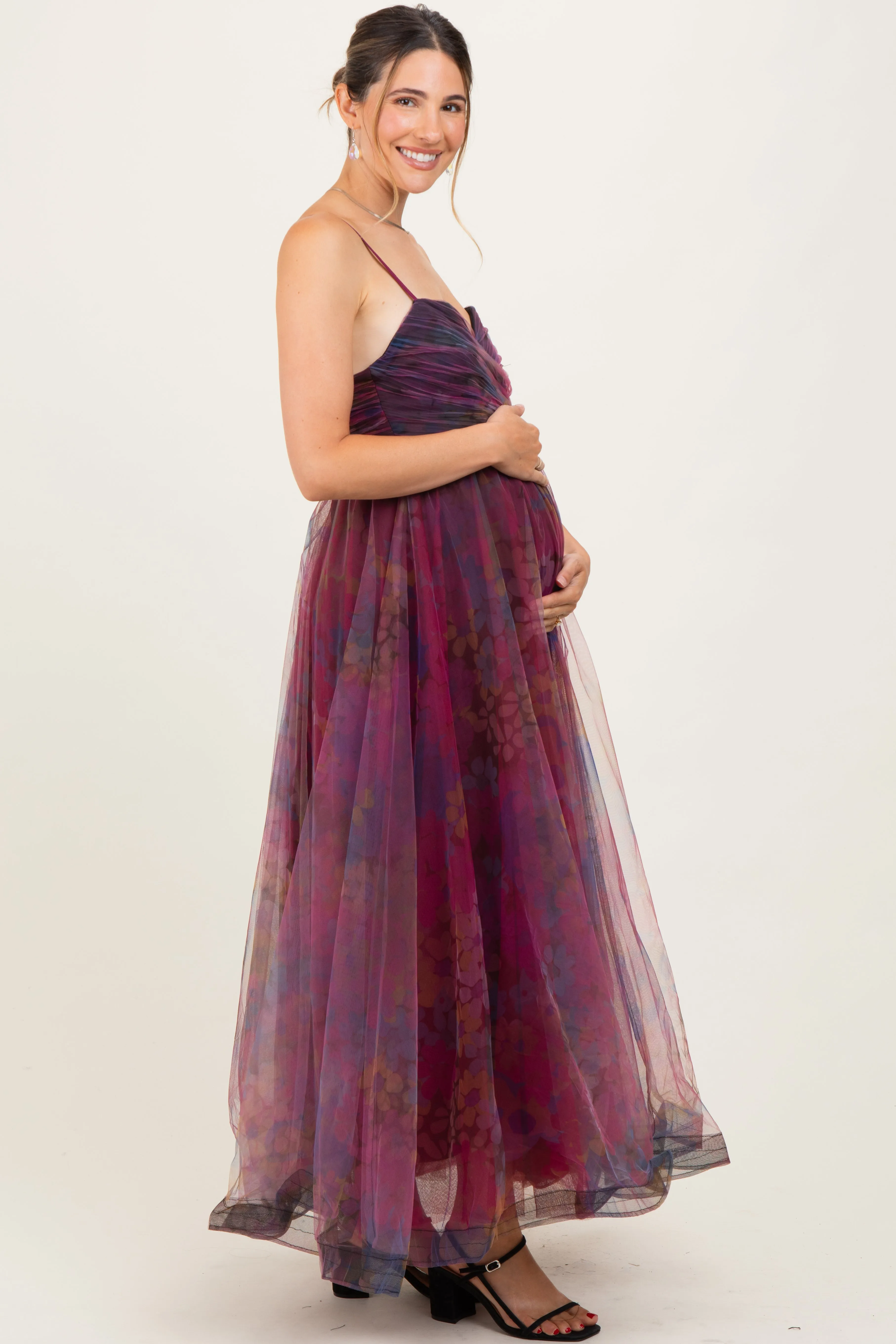 Magenta Floral Mesh Tulle Overlay Maternity Maxi Dress sold by Pinkblush product image thumbnail 3