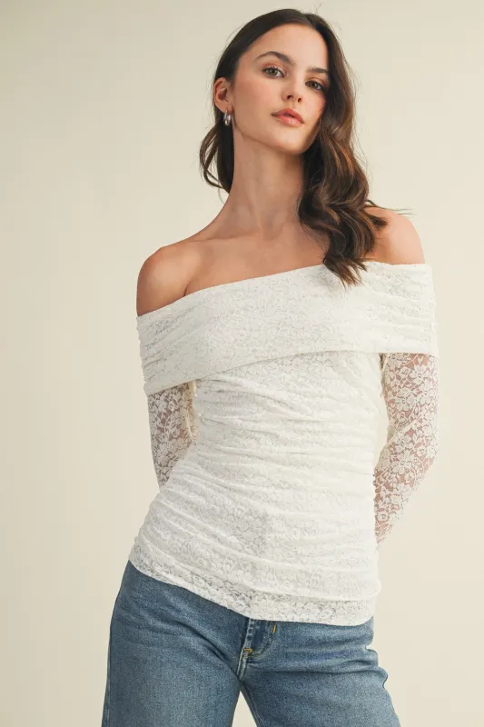 White Lace Off Shoulder Long Sleeve Top sold by Pinkblush