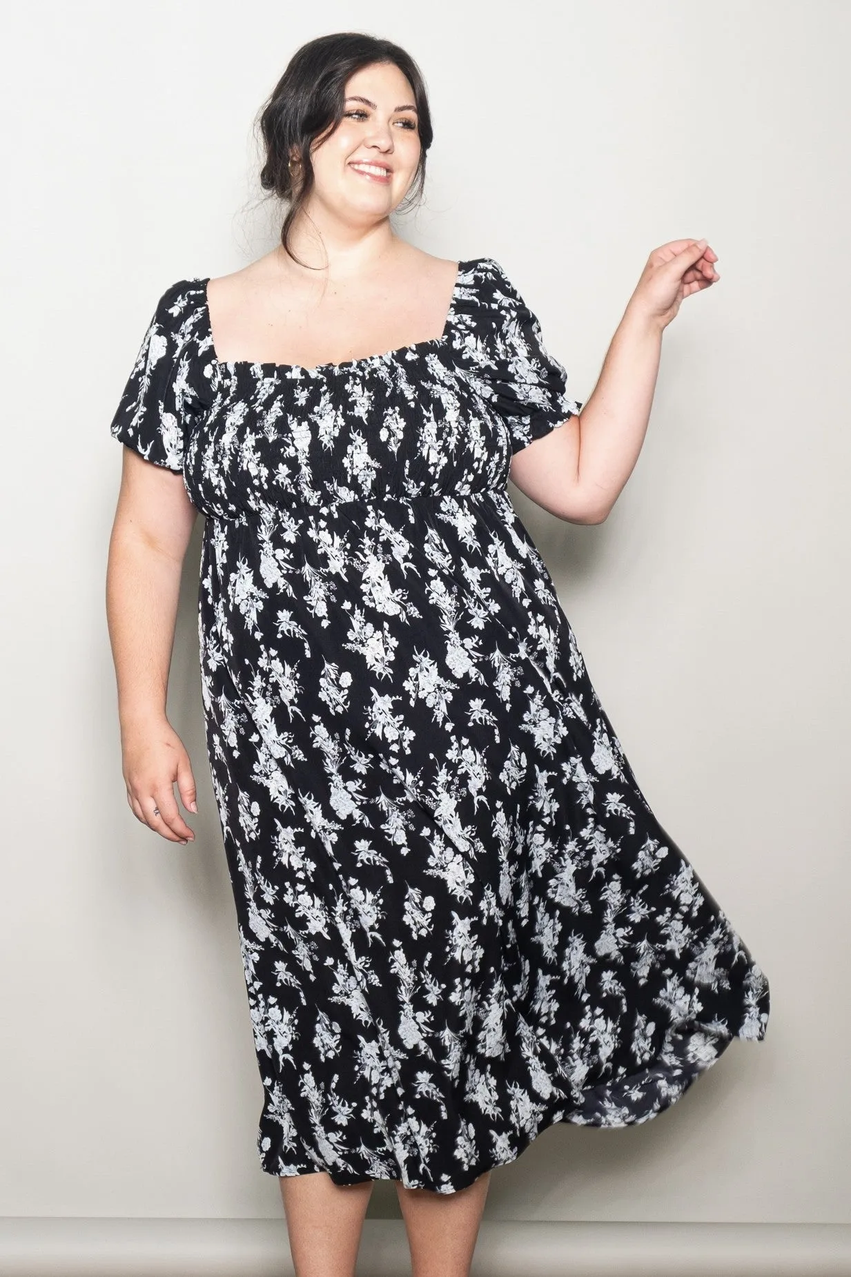 Black Floral Smocked Sweetheart Neckline Plus Midi Dress sold by Pinkblush product image thumbnail 2