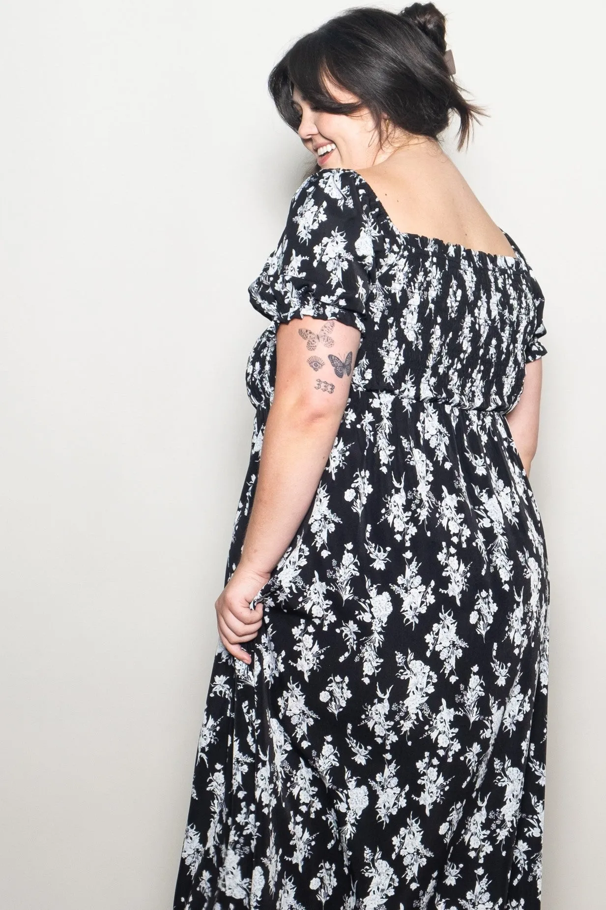 Black Floral Smocked Sweetheart Neckline Plus Midi Dress sold by Pinkblush product image thumbnail 3