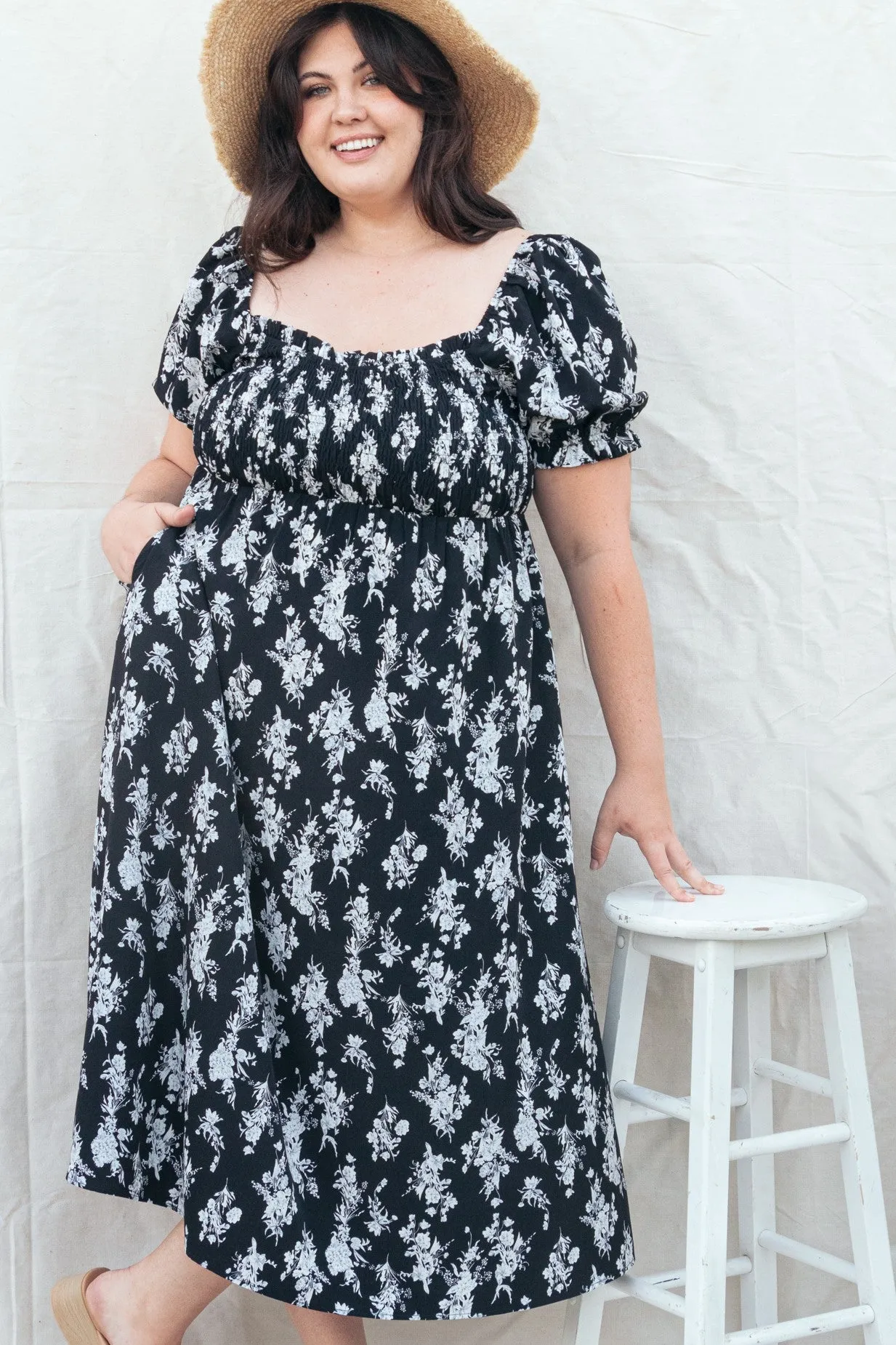 Black Floral Smocked Sweetheart Neckline Plus Midi Dress sold by Pinkblush product image thumbnail 4