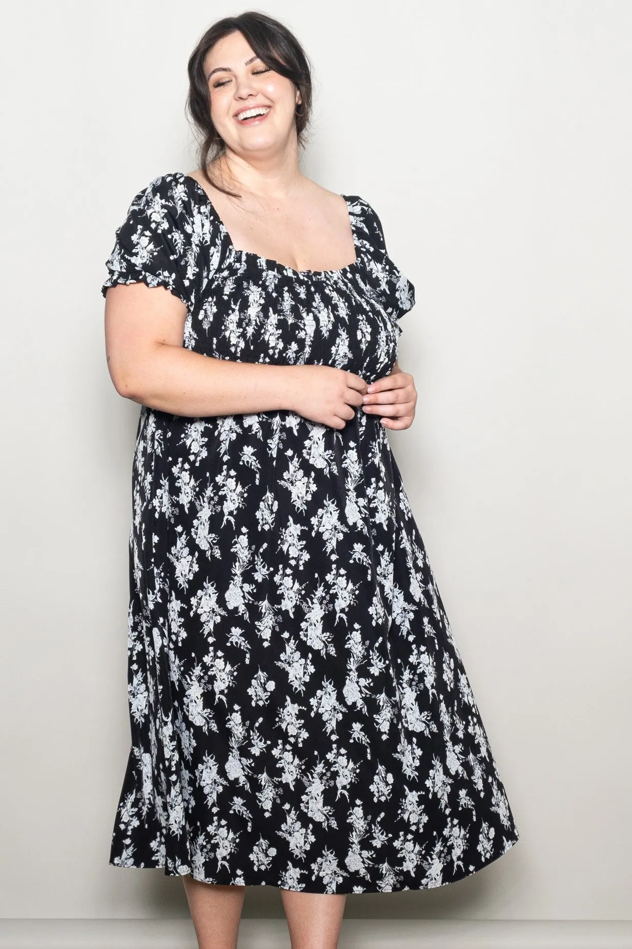 Black Floral Smocked Sweetheart Neckline Plus Midi Dress sold by Pinkblush