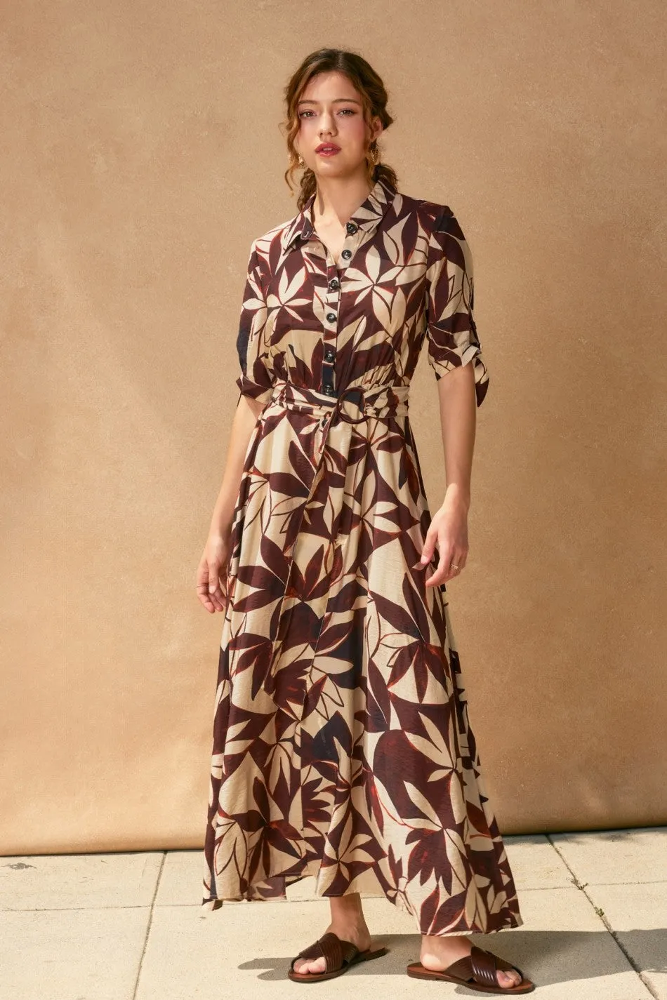 Brown Leaf Print Maternity Maxi Shirt Dress sold by Pinkblush product image thumbnail 5