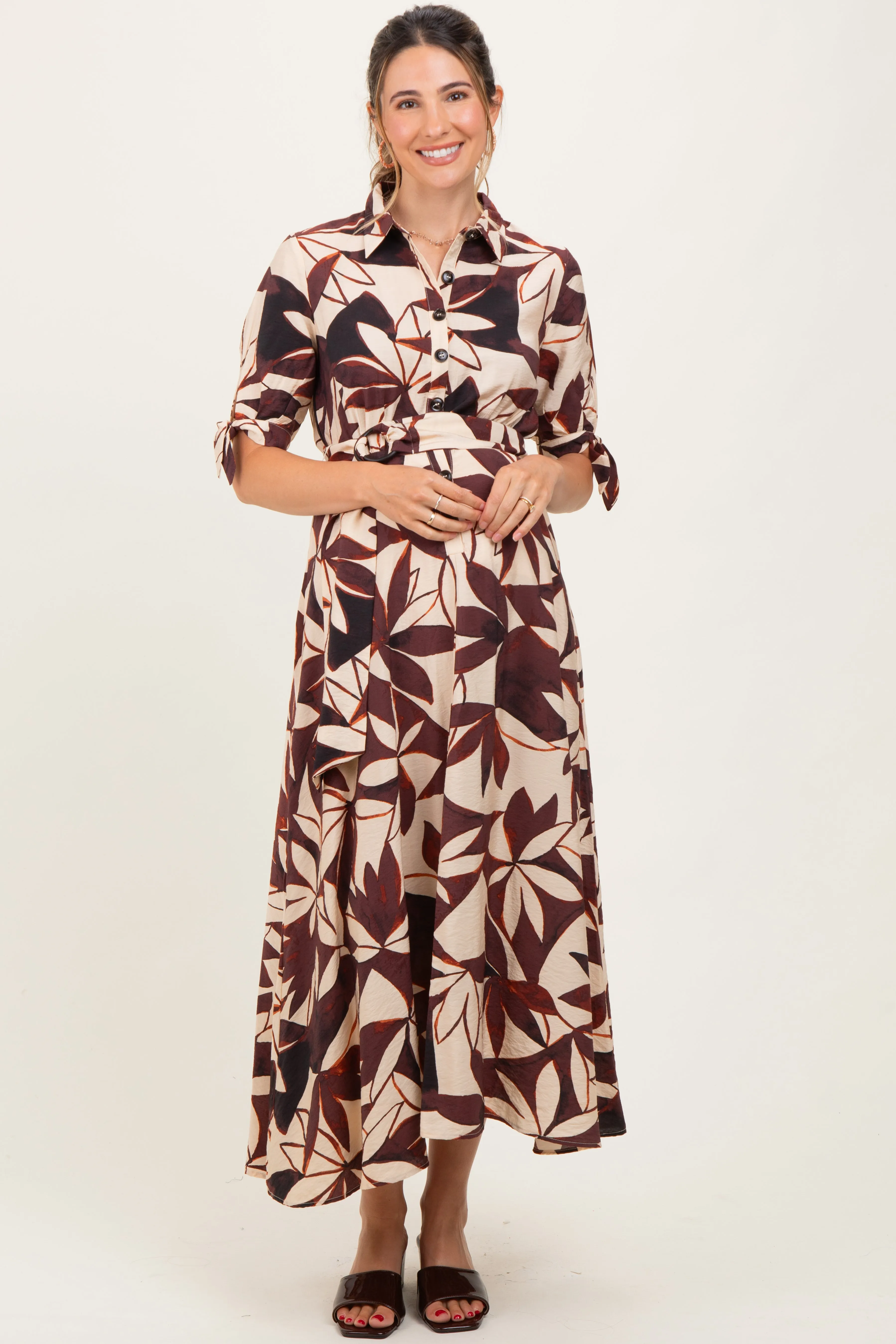 Brown Leaf Print Maternity Maxi Shirt Dress sold by Pinkblush product image thumbnail 2