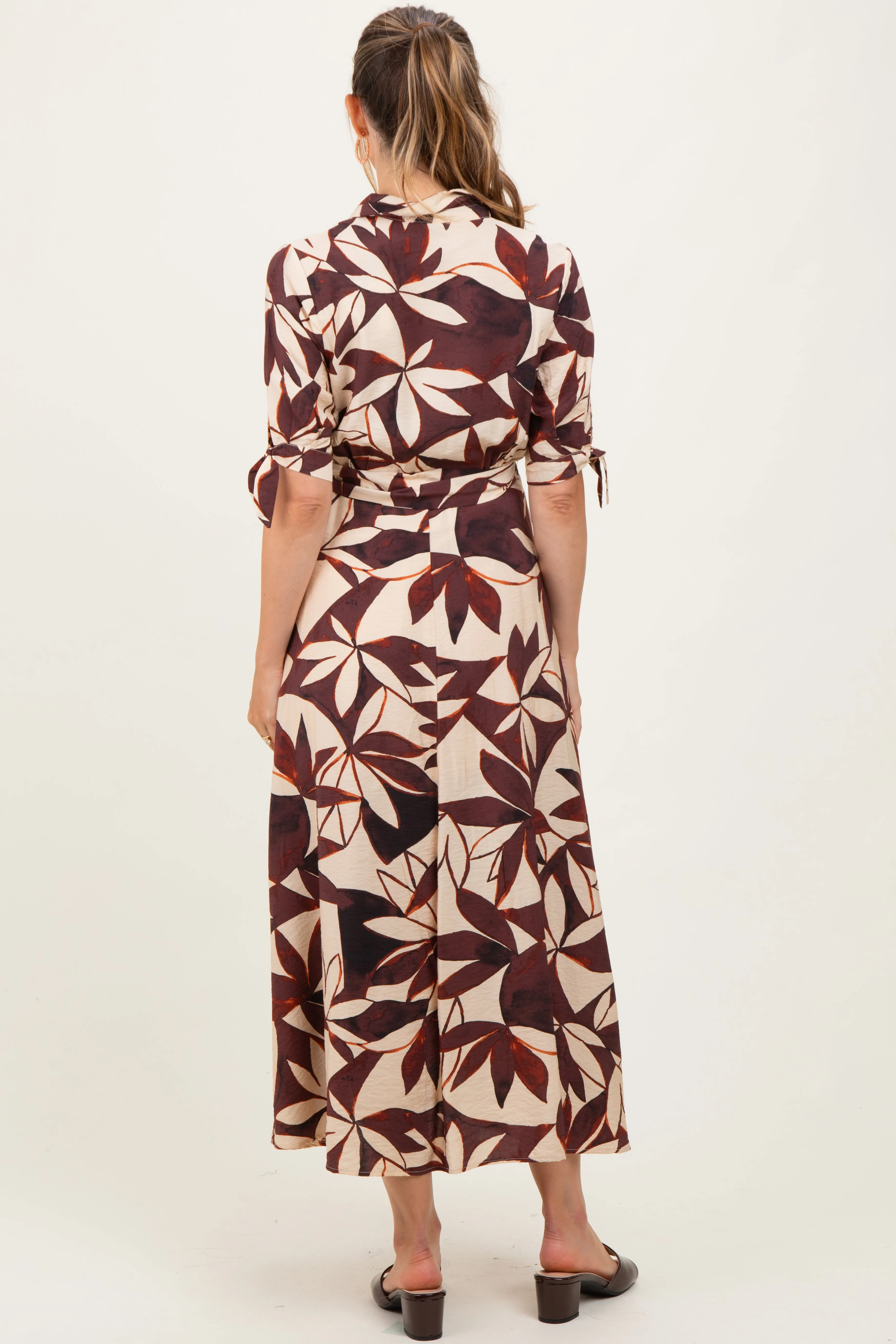 Brown Leaf Print Maternity Maxi Shirt Dress sold by Pinkblush product image thumbnail 4