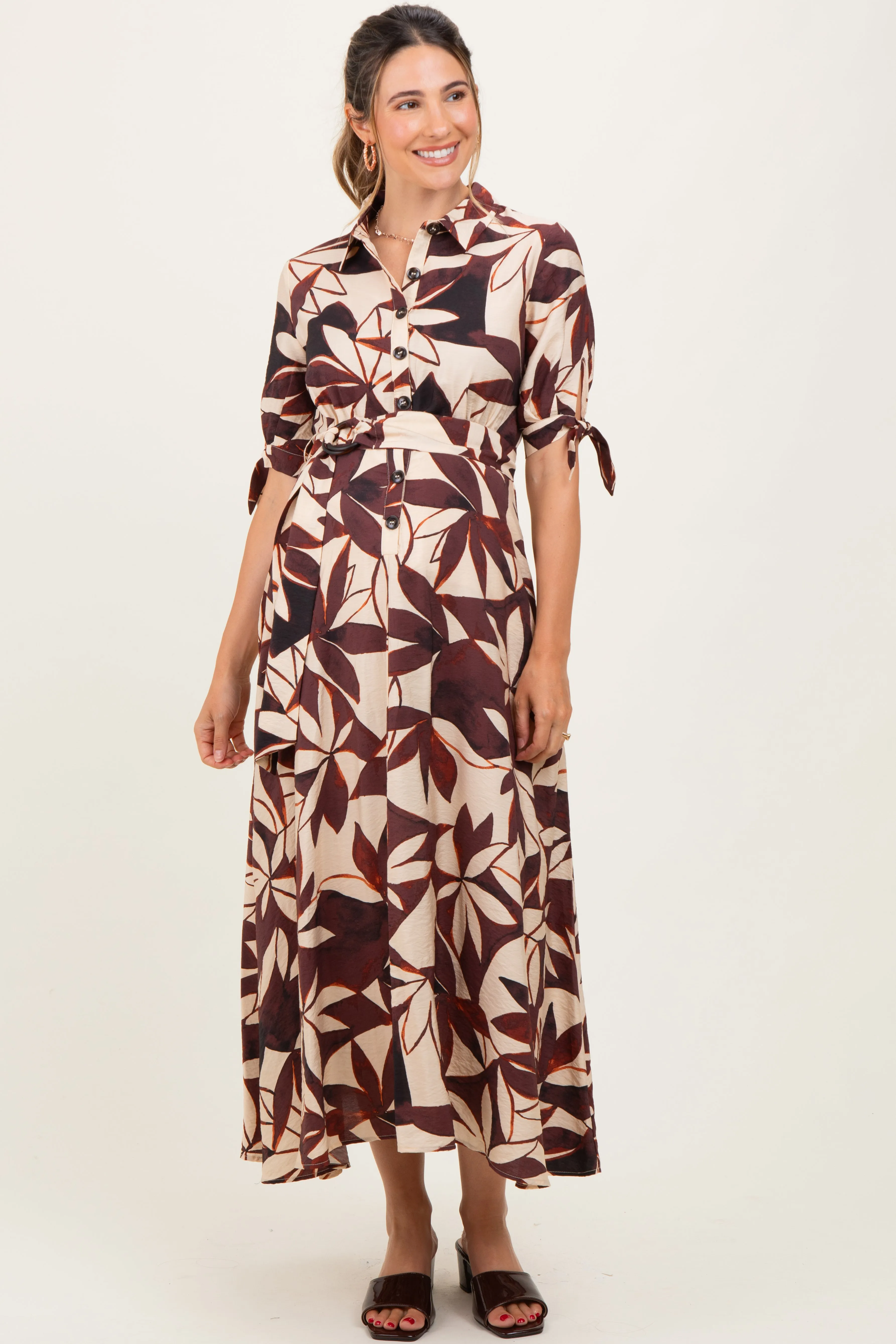 Brown Leaf Print Maternity Maxi Shirt Dress sold by Pinkblush