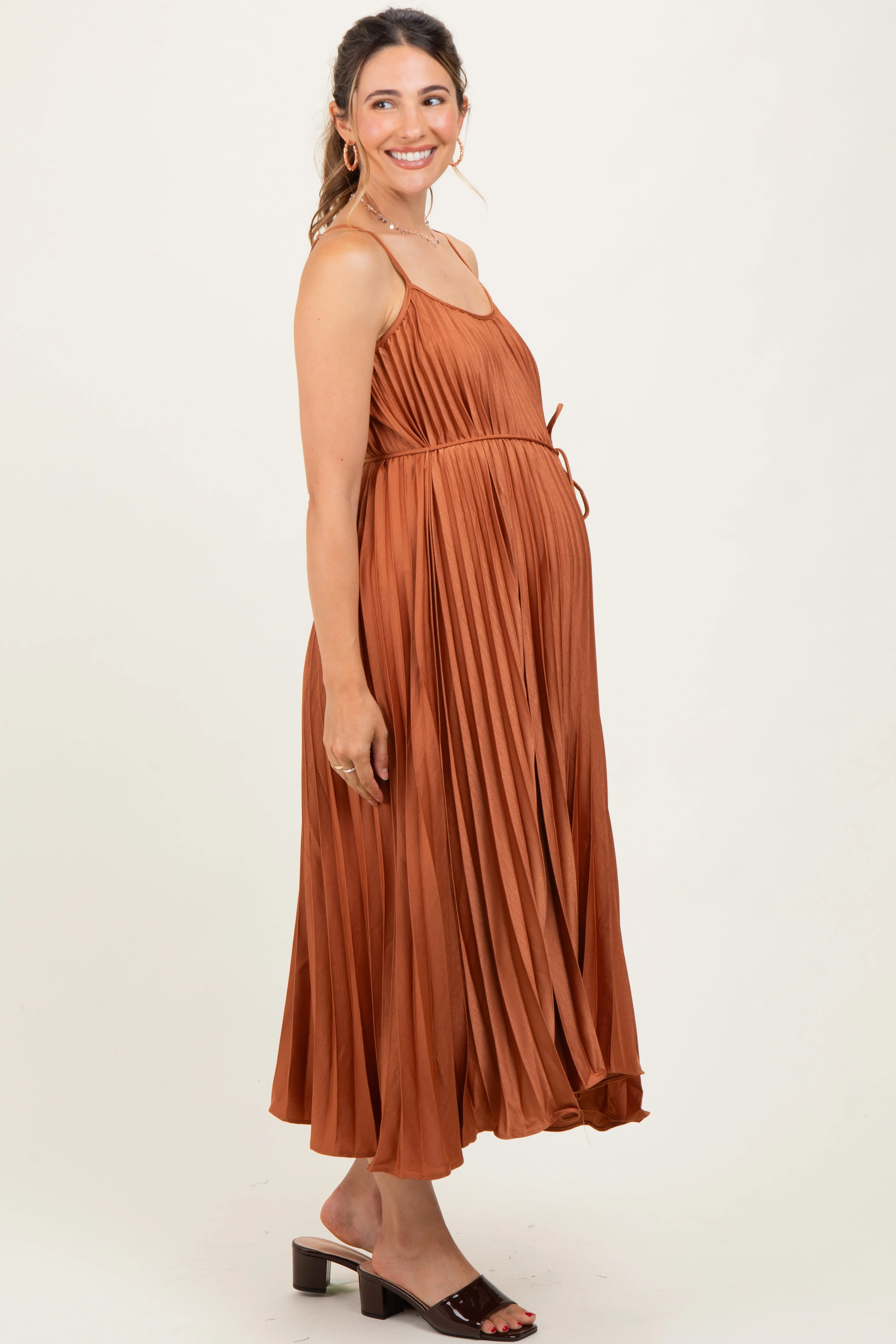 Rust Pleated Sash Tie Maternity Midi Dress sold by Pinkblush product image thumbnail 3