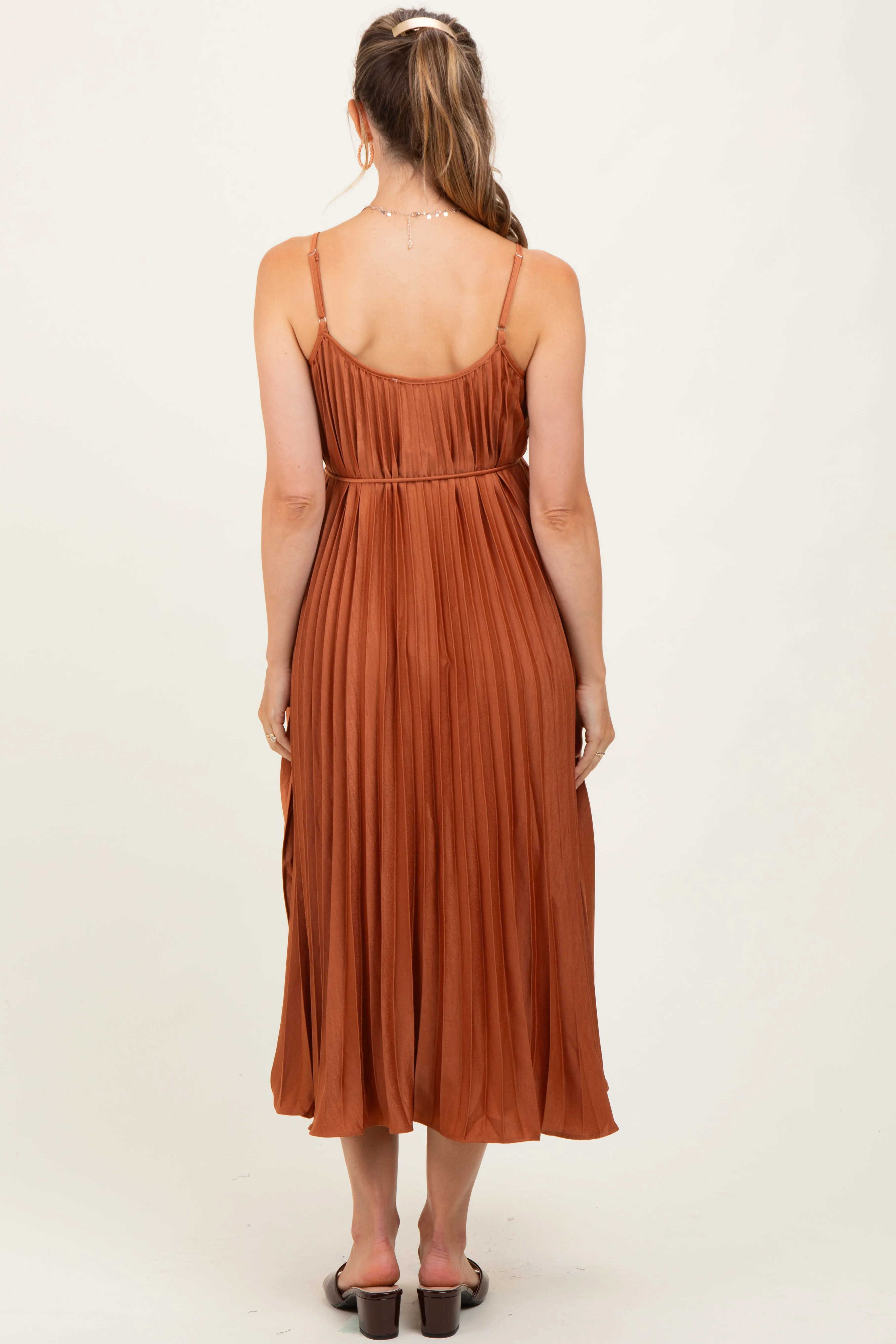 Rust Pleated Sash Tie Maternity Midi Dress sold by Pinkblush product image thumbnail 4