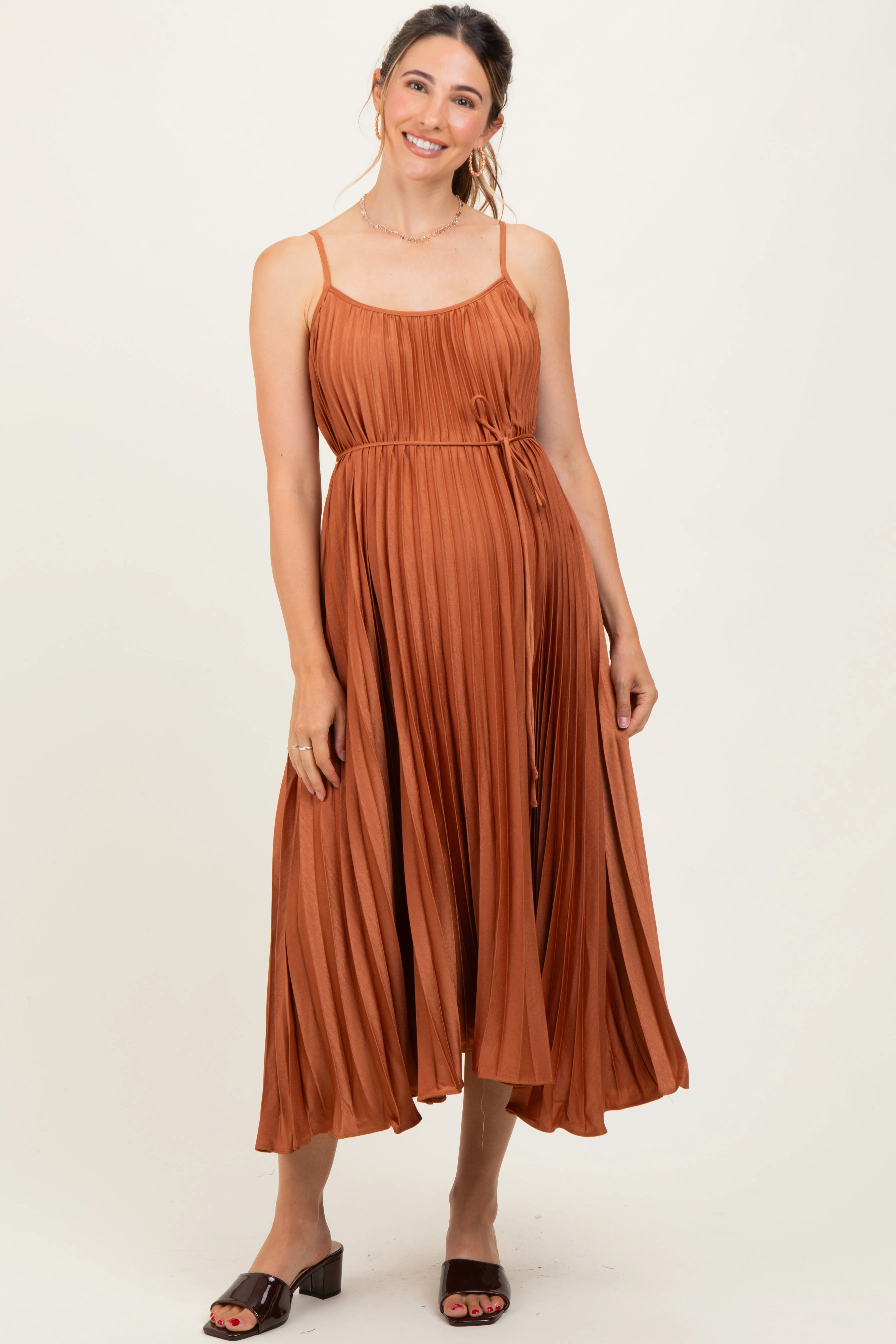 Rust Pleated Sash Tie Maternity Midi Dress sold by Pinkblush