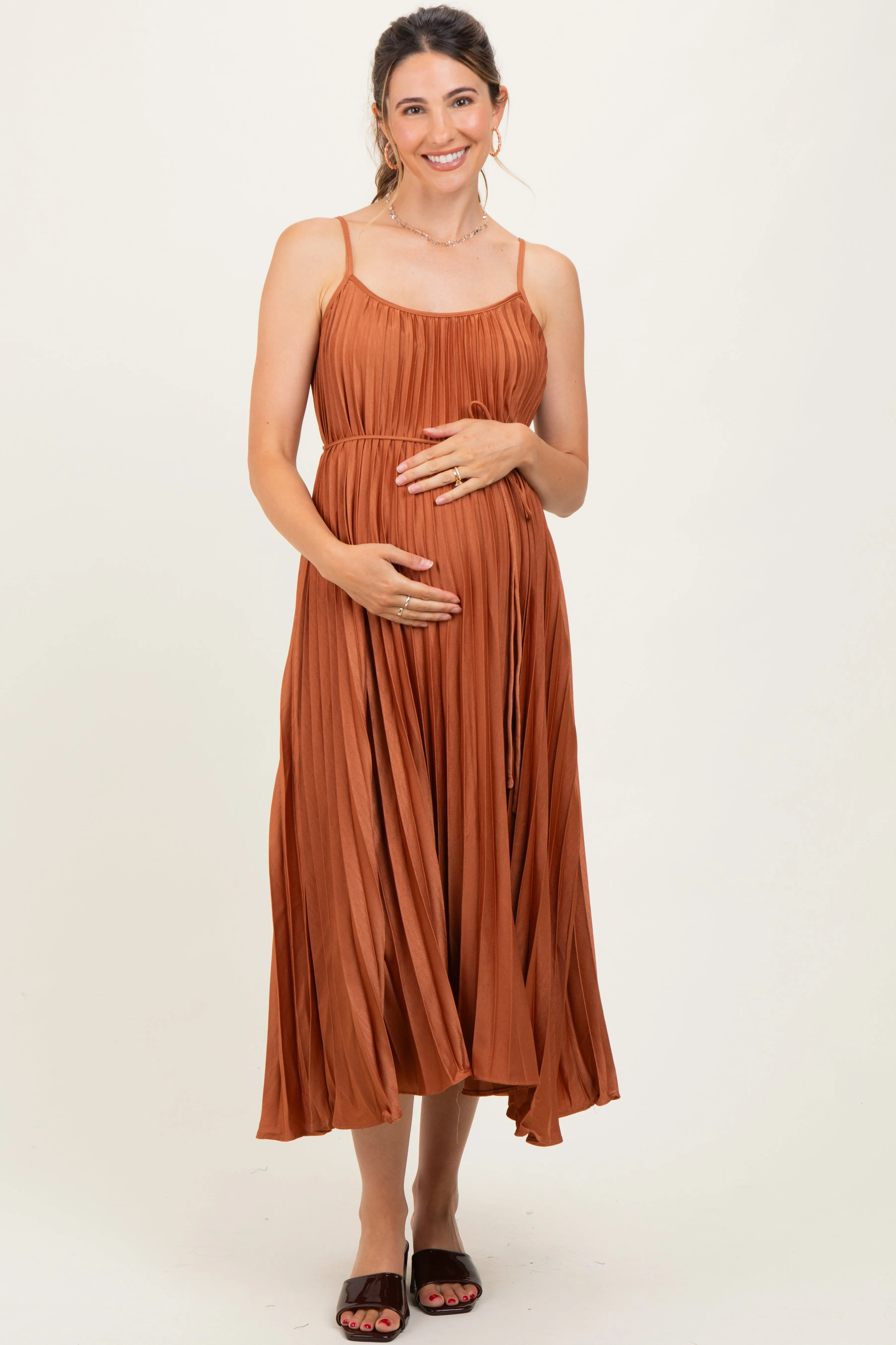 Rust Pleated Sash Tie Maternity Midi Dress sold by Pinkblush product image thumbnail 2