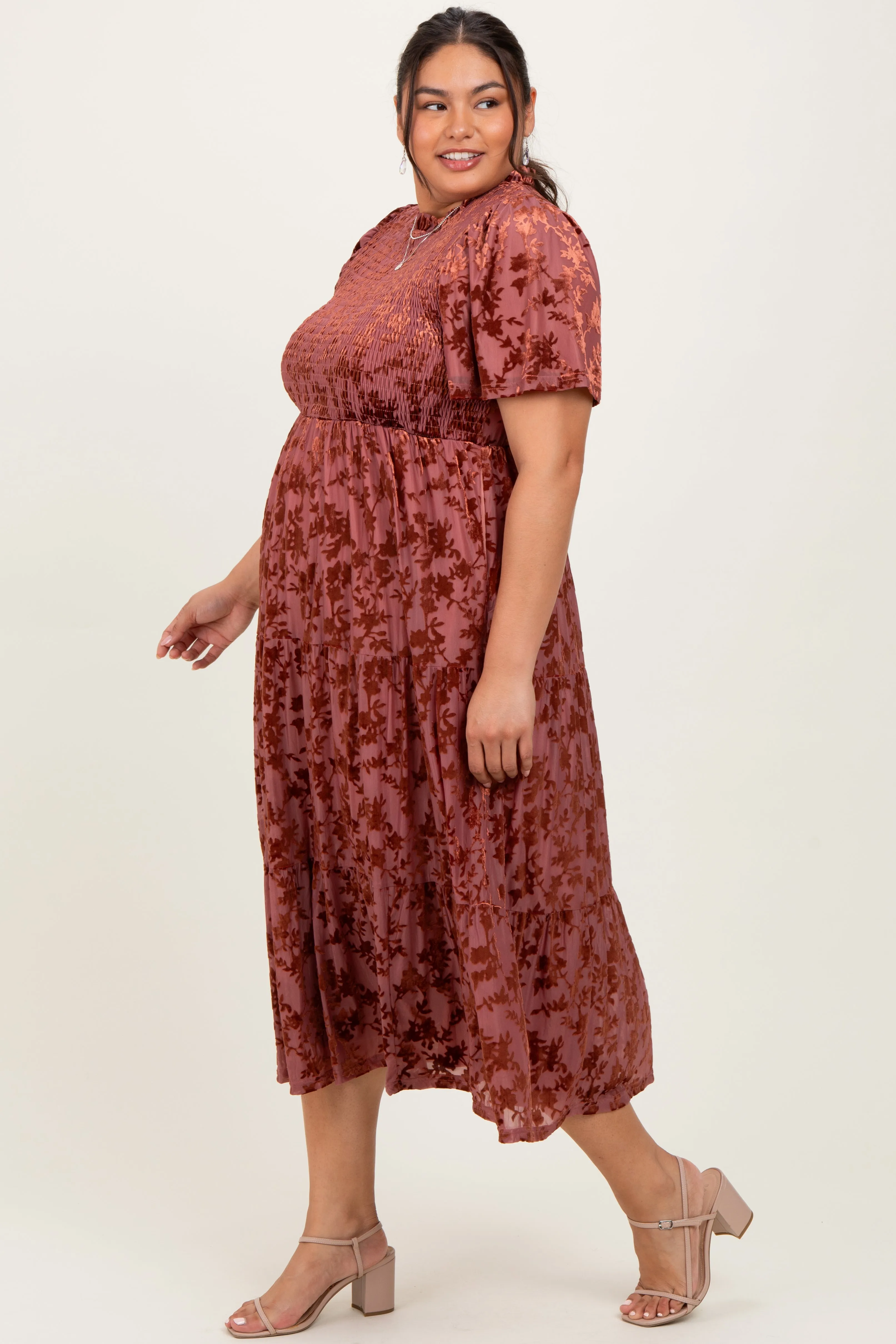 Mauve Floral Velvet Print Smocked Plus Midi Dress sold by Pinkblush product image thumbnail 3