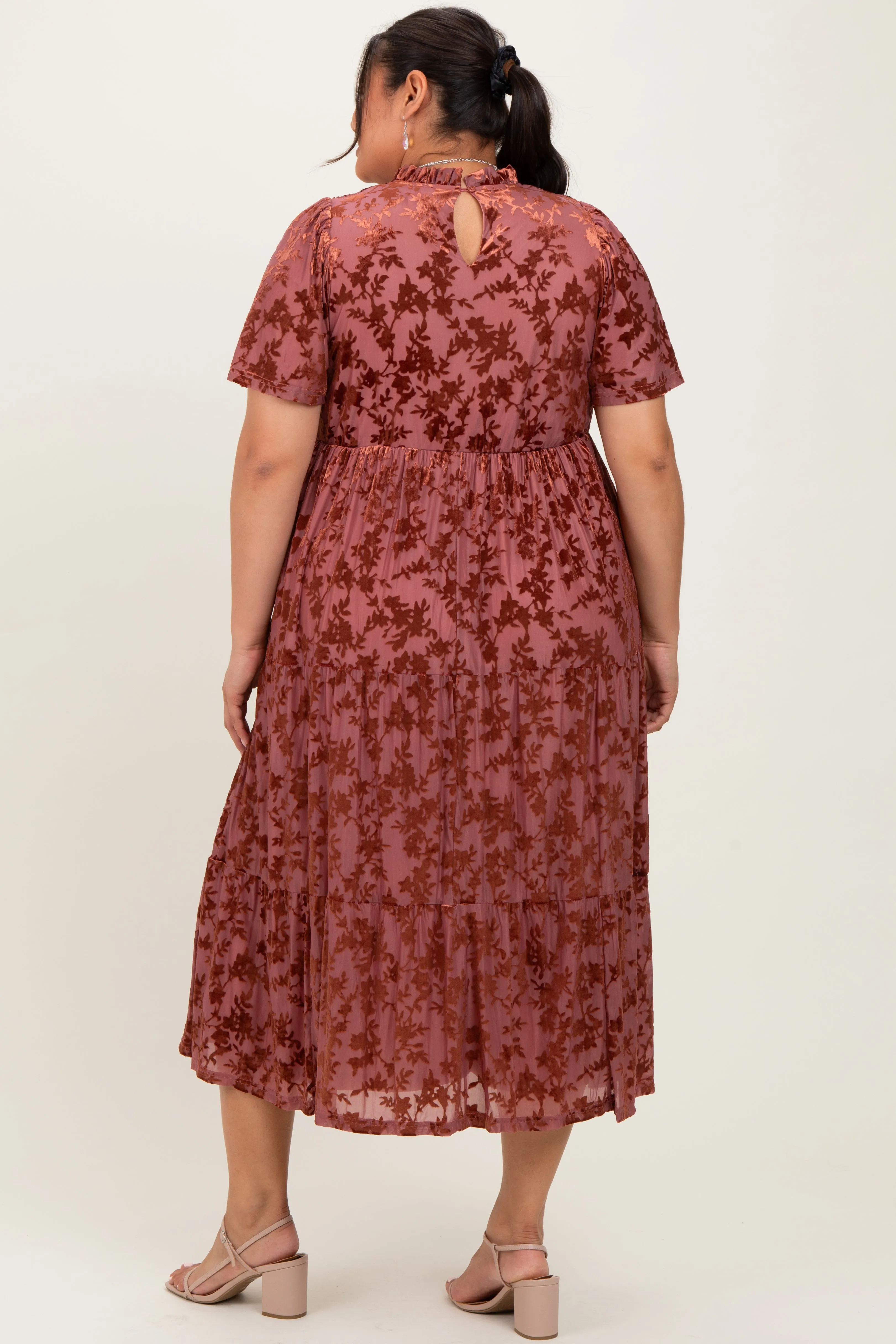 Mauve Floral Velvet Print Smocked Plus Midi Dress sold by Pinkblush product image thumbnail 4