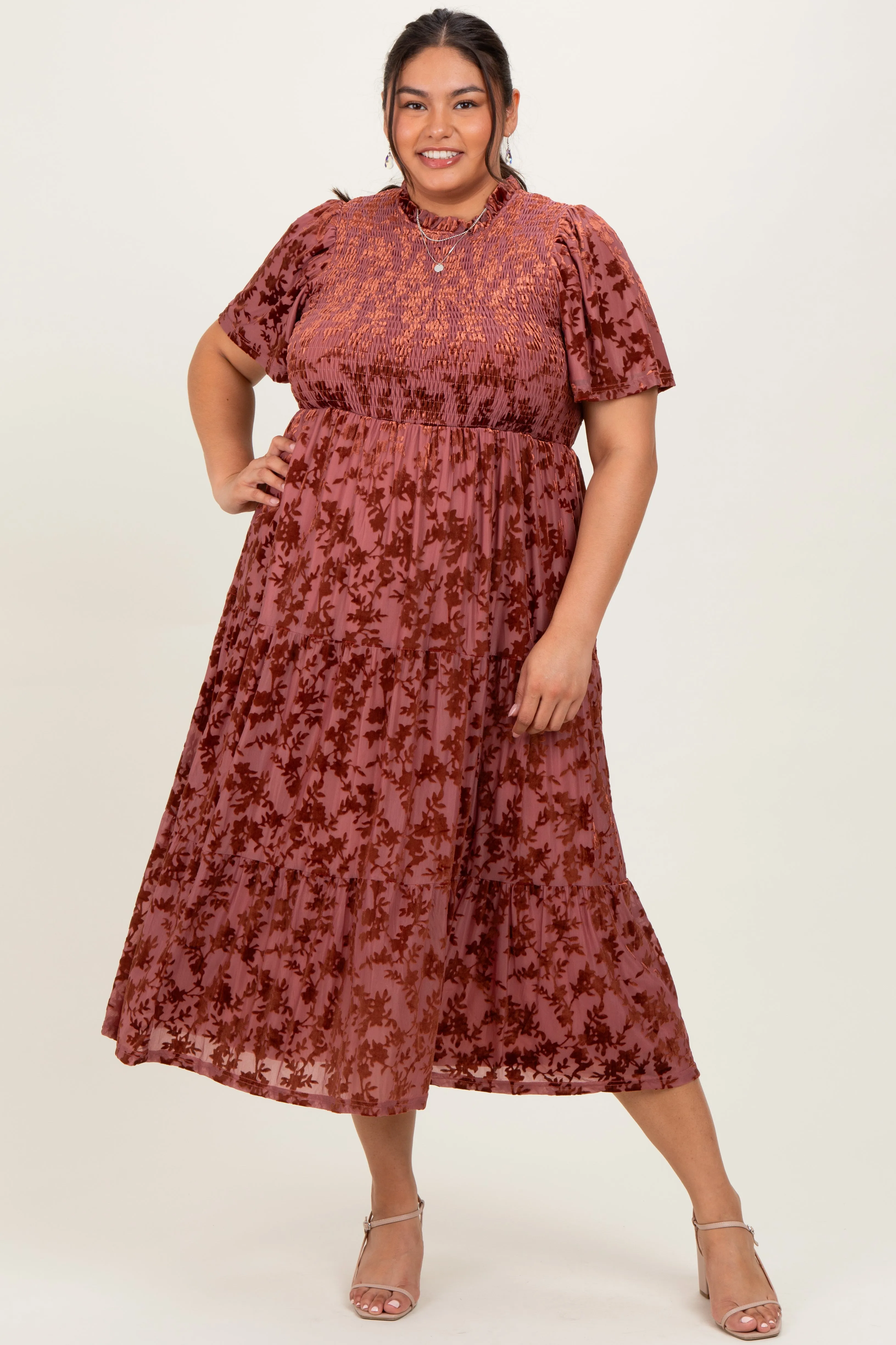 Mauve Floral Velvet Print Smocked Plus Midi Dress sold by Pinkblush