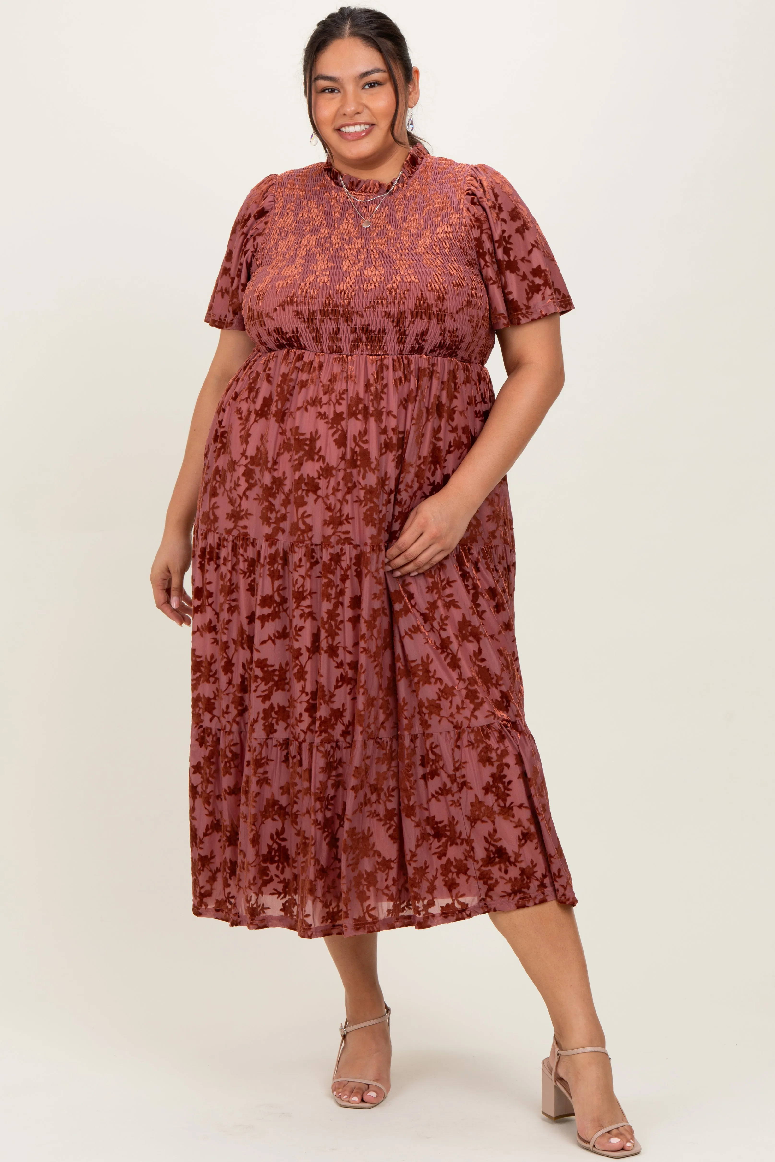 Mauve Floral Velvet Print Smocked Plus Midi Dress sold by Pinkblush product image thumbnail 2