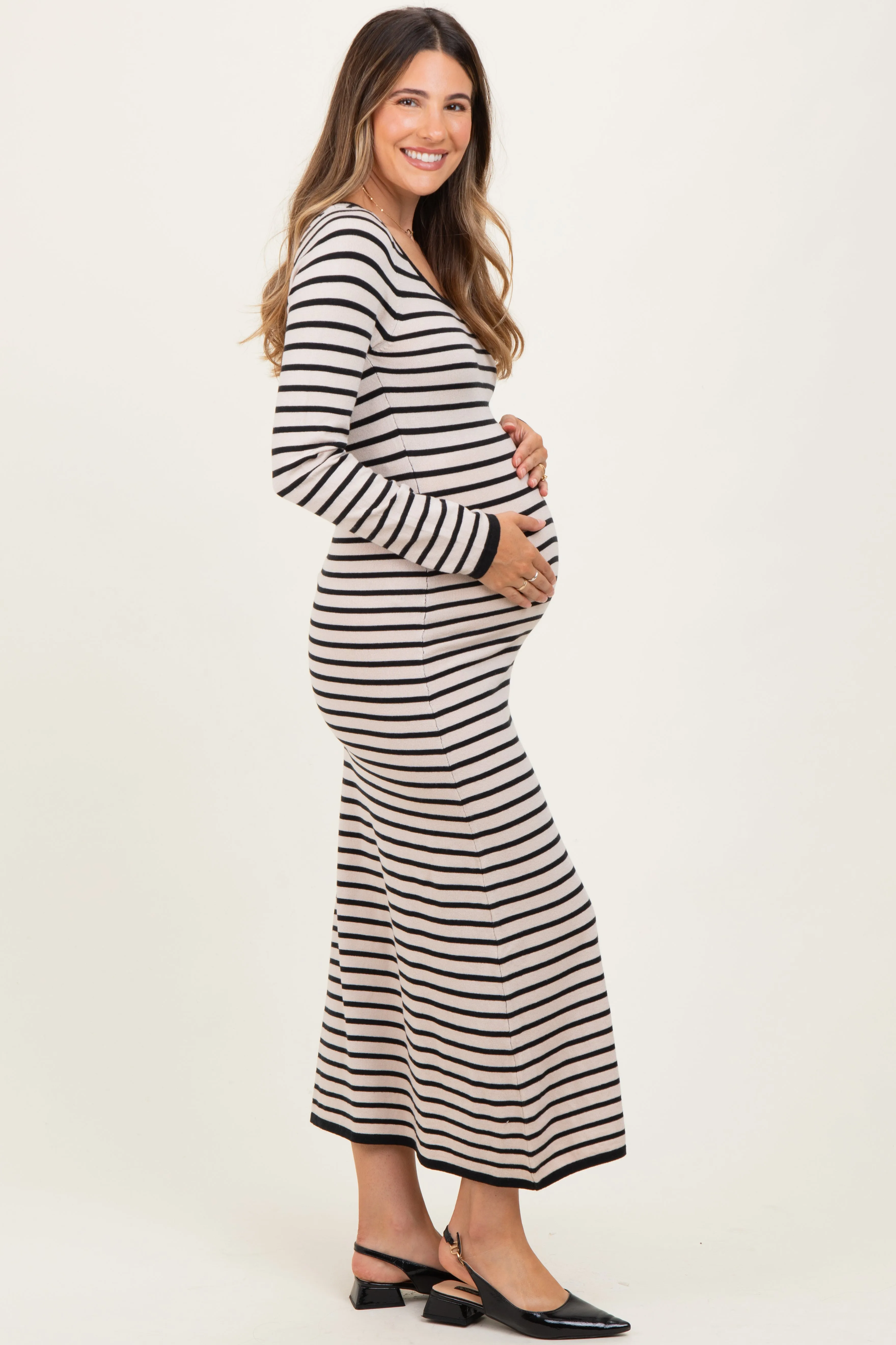 Black Striped Cutout Long Sleeve Maternity Maxi Dress sold by Pinkblush product image thumbnail 3