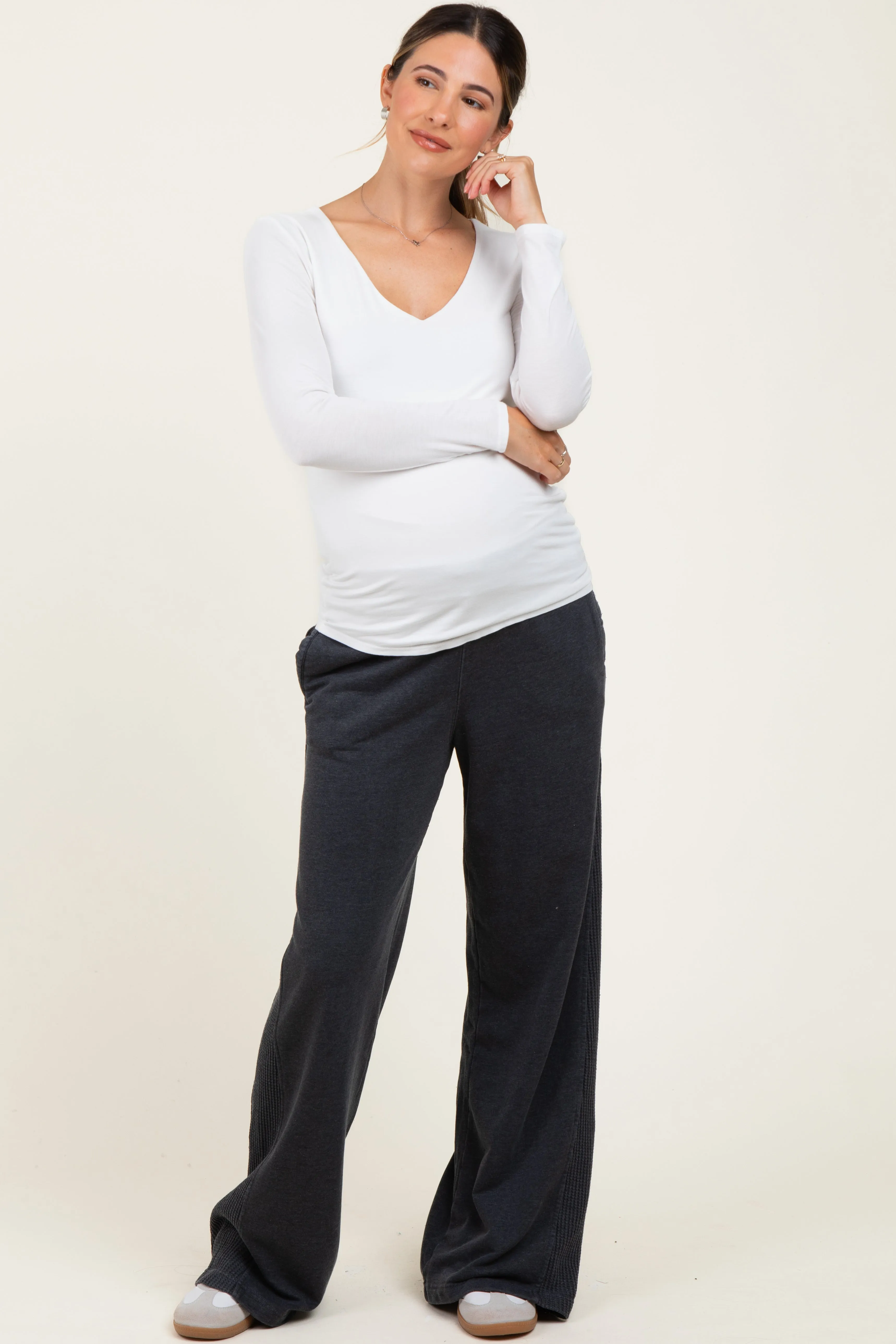 Black Mineral Wash Waffle Knit Contrast Maternity Lounge Pants sold by Pinkblush