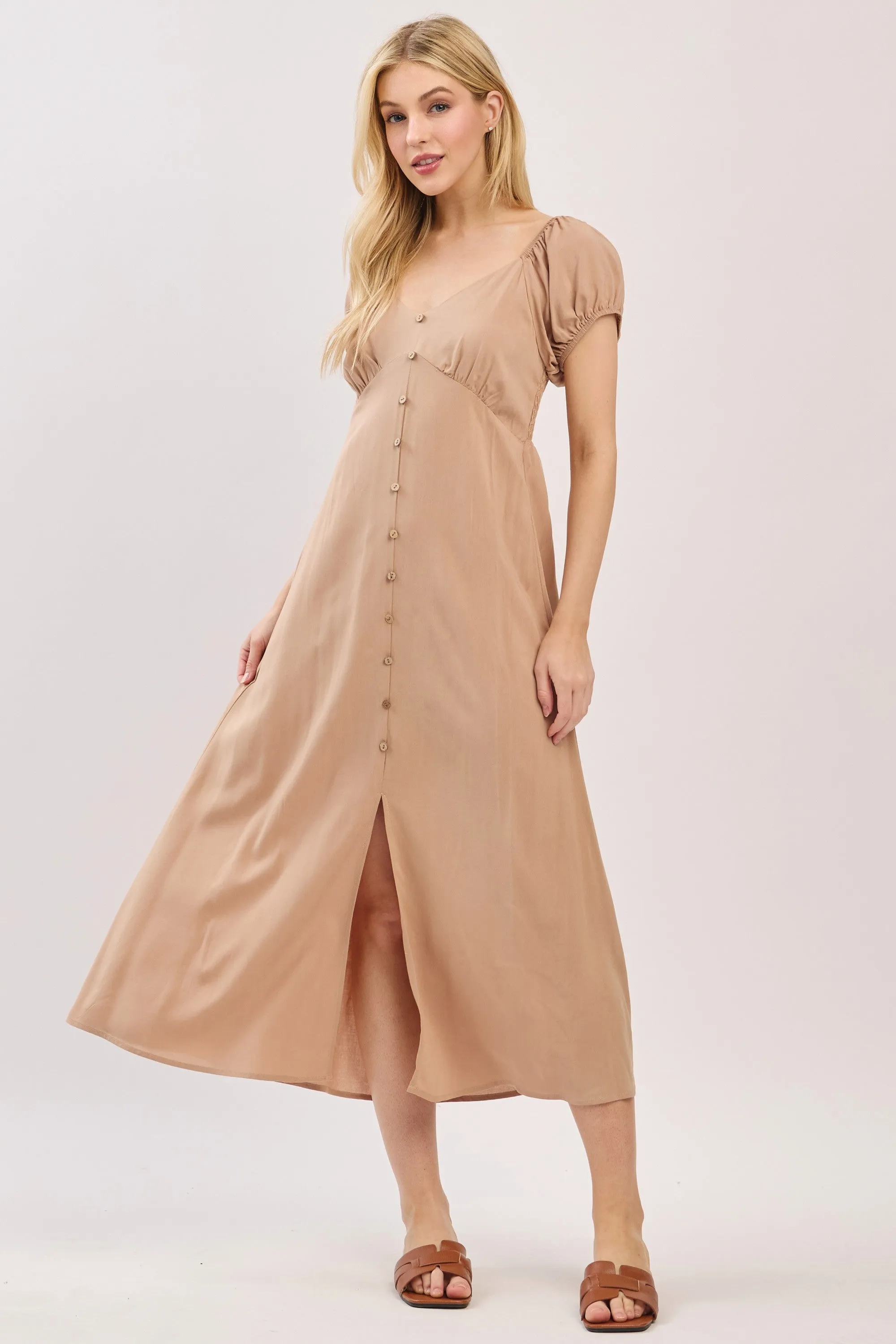 Camel Button Accent Front Slit Midi Dress sold by Pinkblush