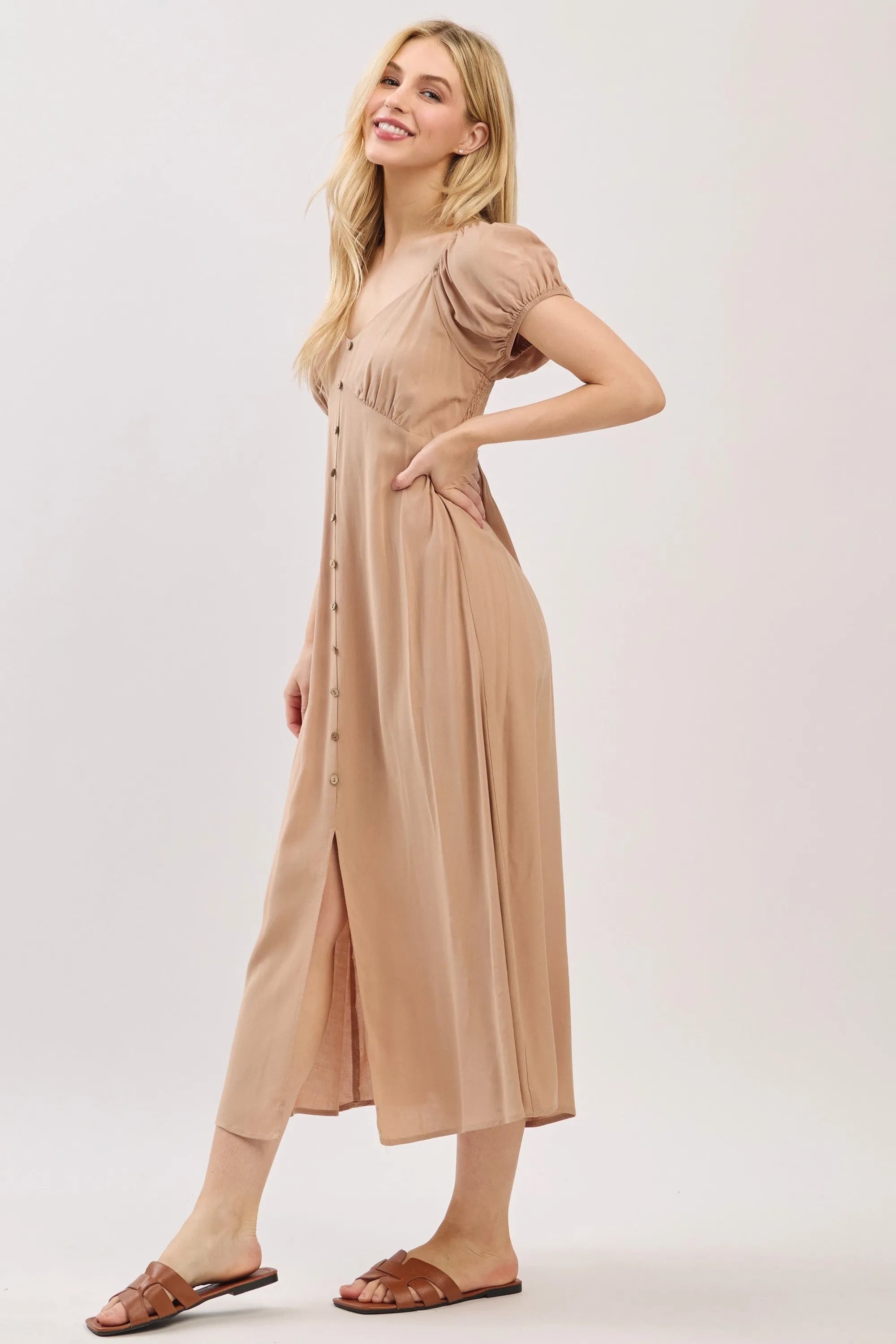 Camel Button Accent Front Slit Midi Dress sold by Pinkblush product image thumbnail 3