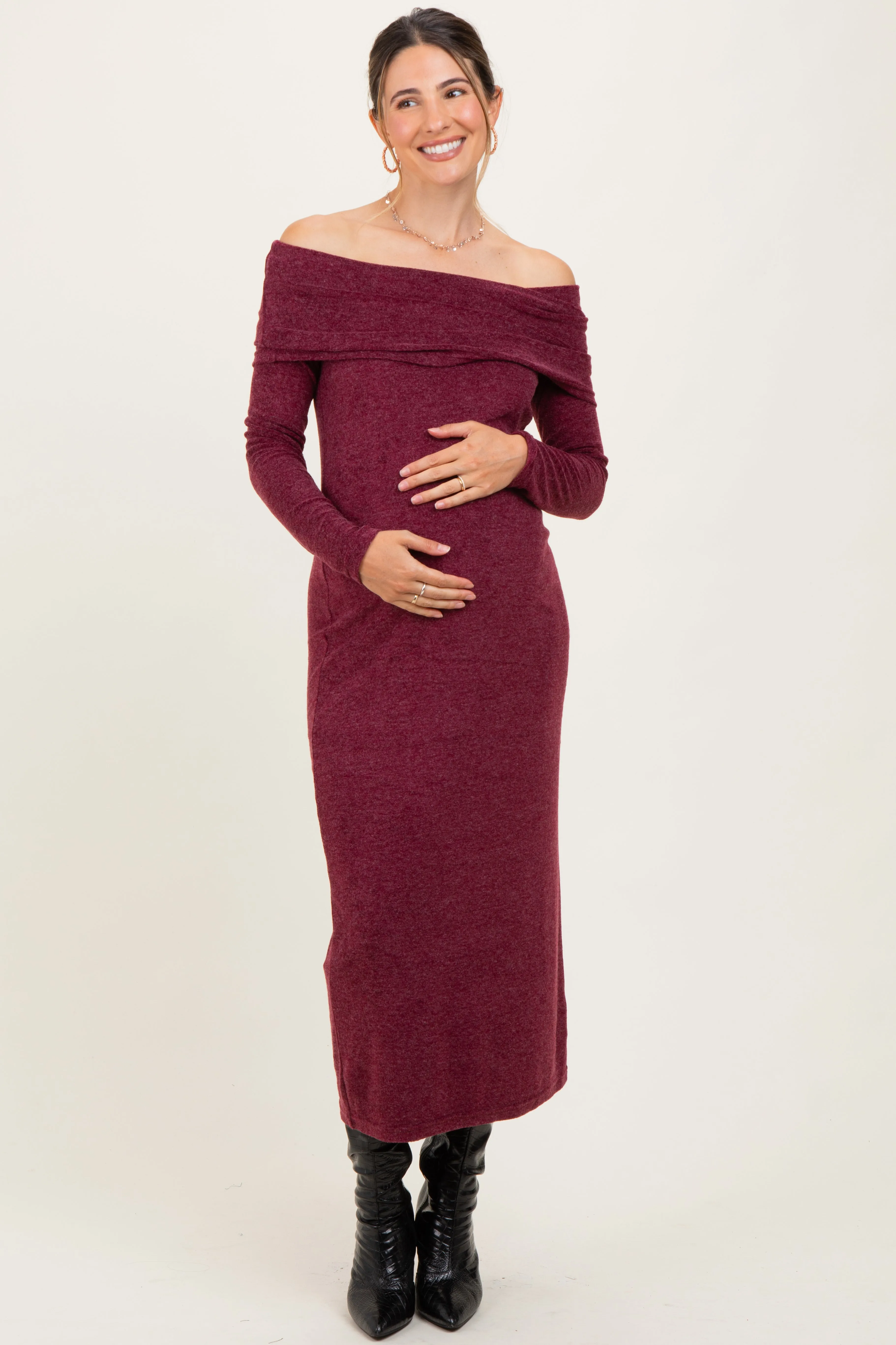 Burgundy Long Sleeve Off Shoulder Maternity Maxi Dress sold by Pinkblush product image thumbnail 2
