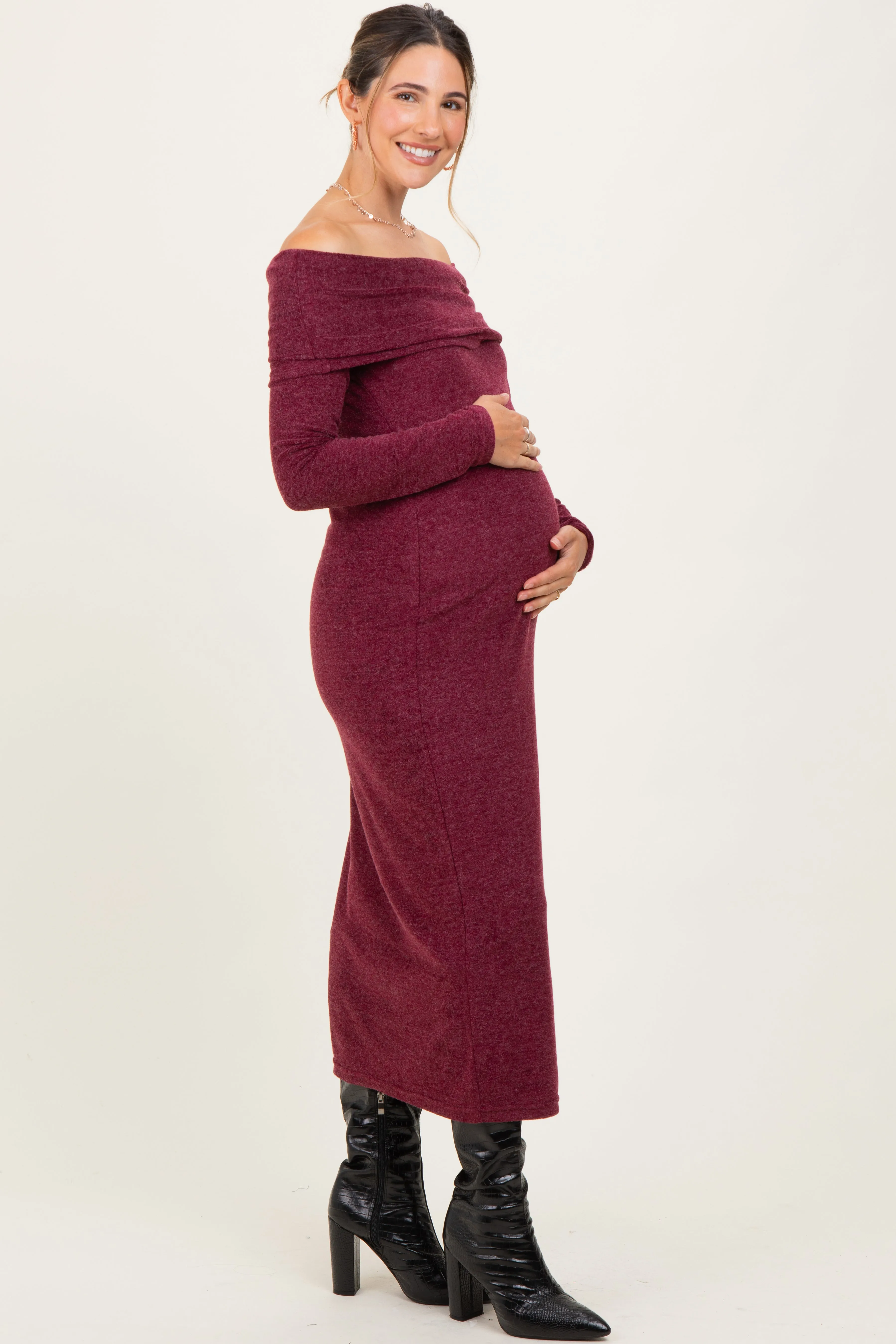 Burgundy Long Sleeve Off Shoulder Maternity Maxi Dress sold by Pinkblush product image thumbnail 3