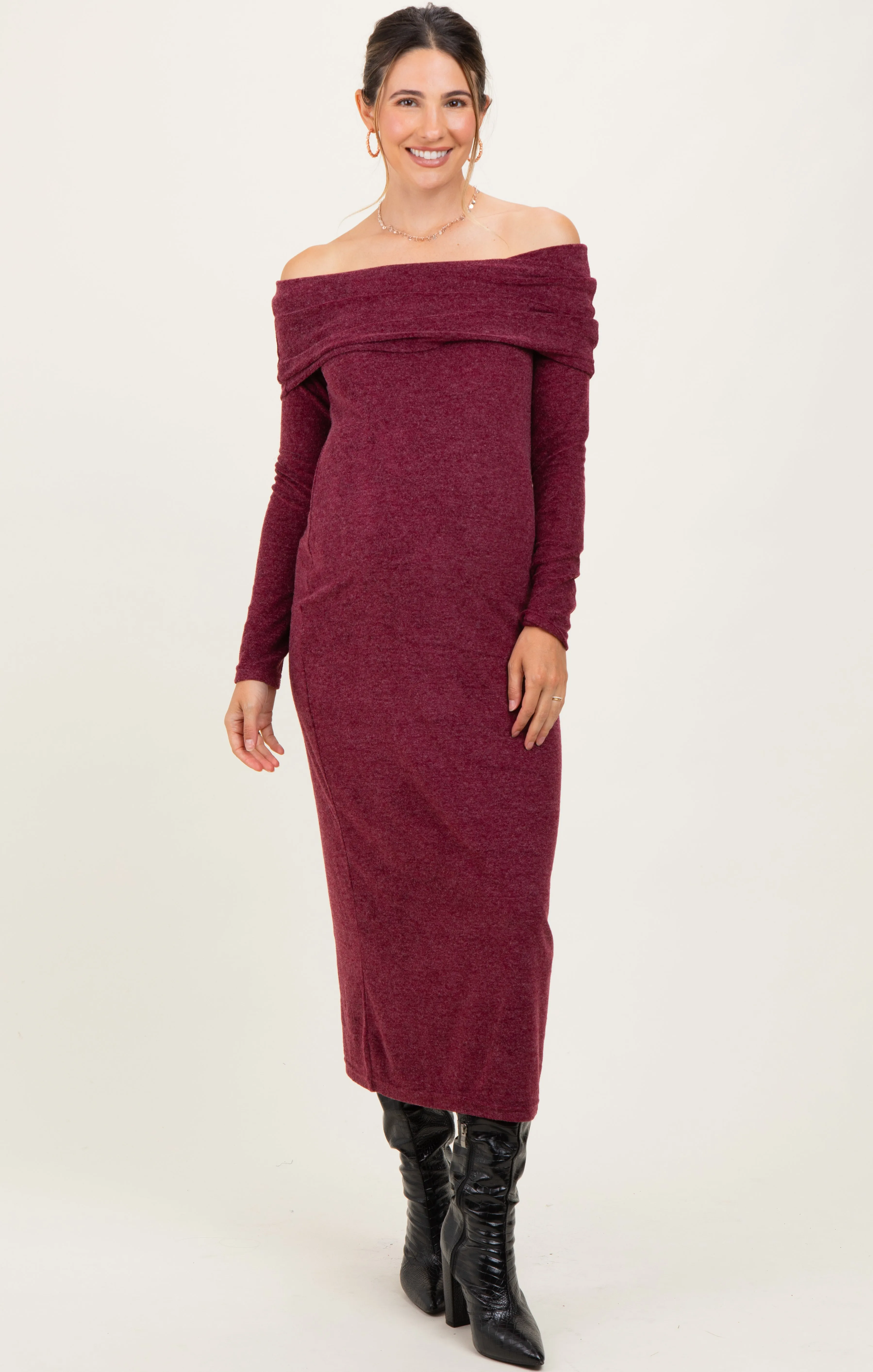 Burgundy Long Sleeve Off Shoulder Maternity Maxi Dress sold by Pinkblush