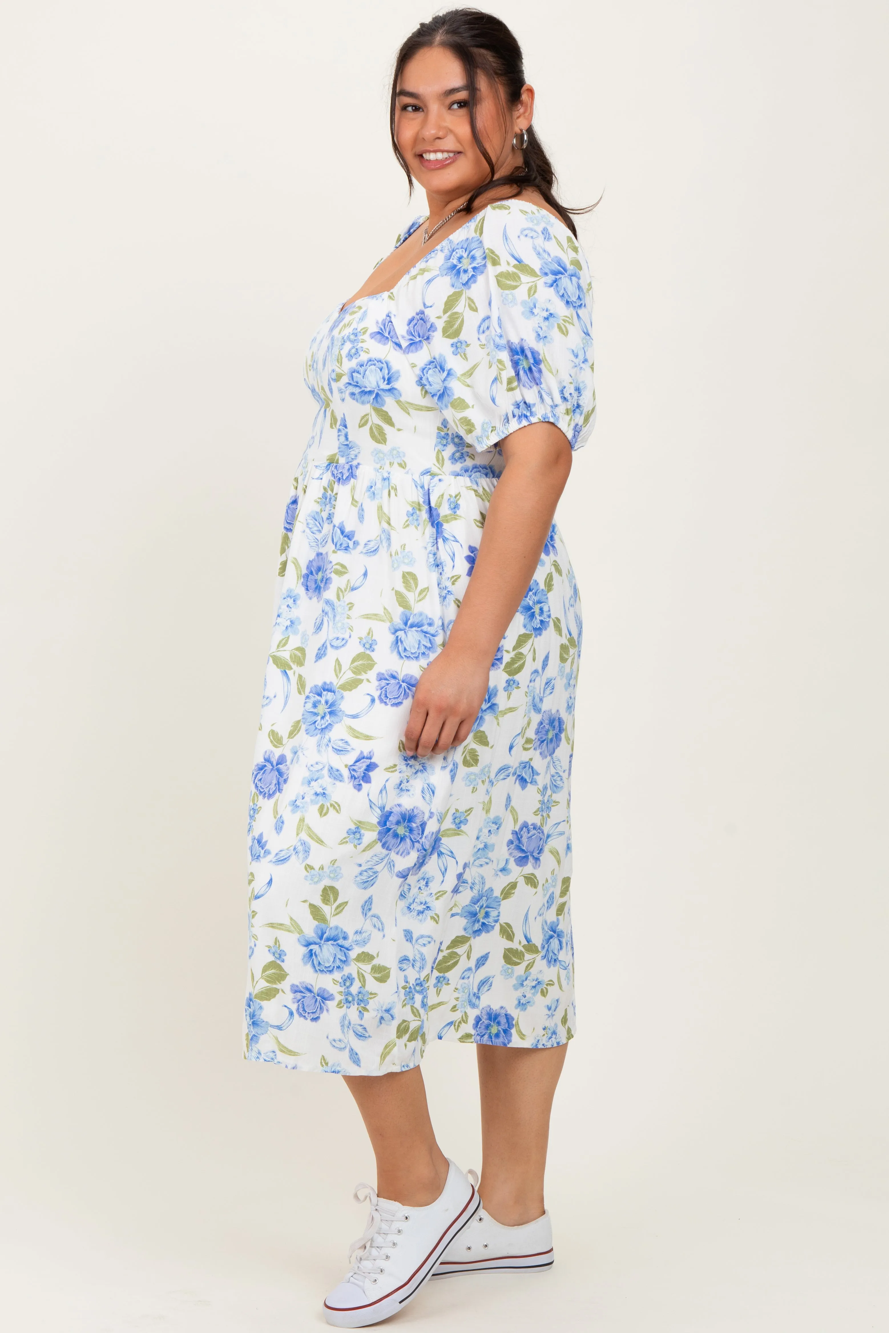 Blue Floral Sweetheart Neckline Puff Sleeve Plus Midi Dress sold by Pinkblush product image thumbnail 2