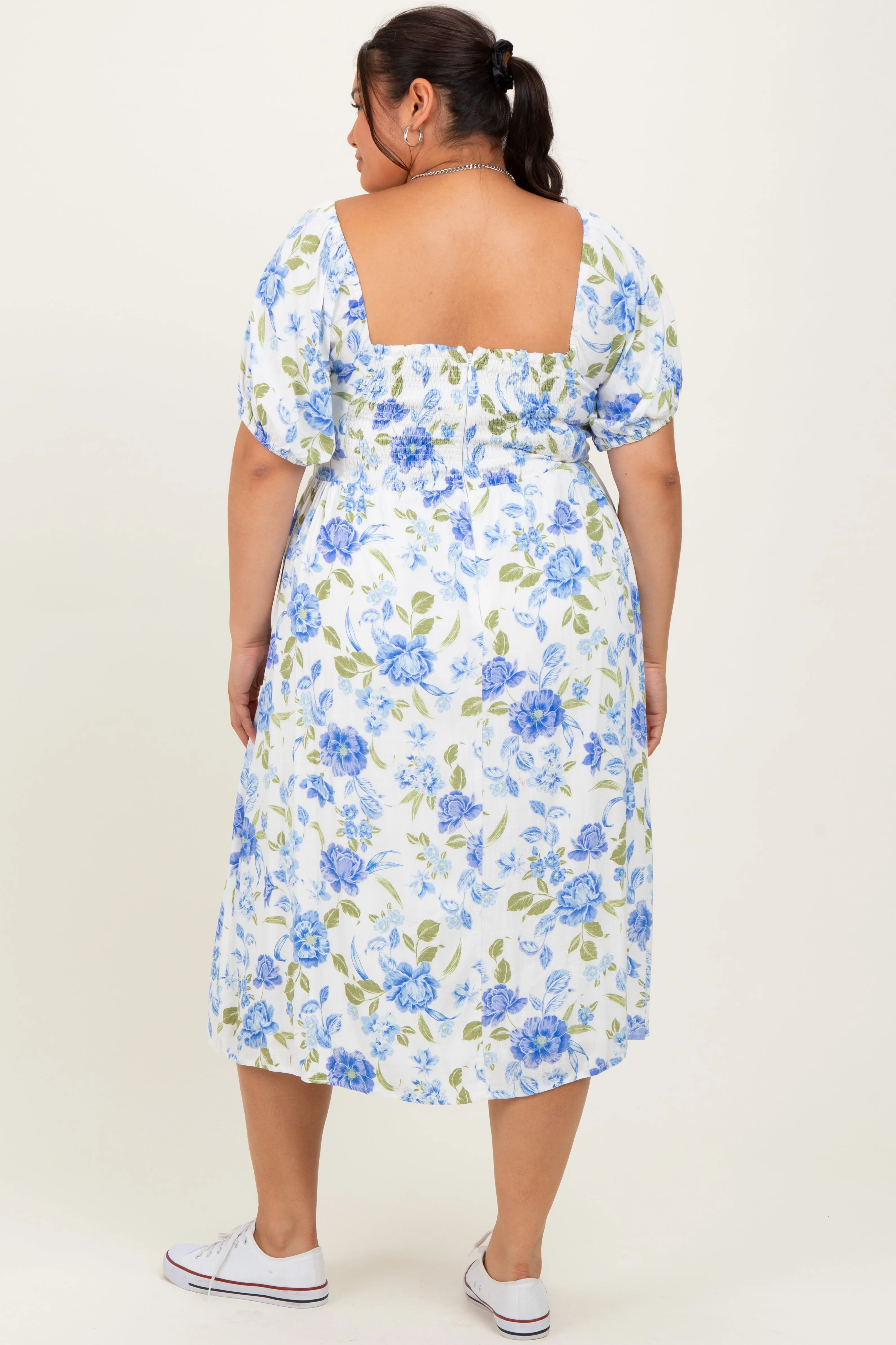 Blue Floral Sweetheart Neckline Puff Sleeve Plus Midi Dress sold by Pinkblush product image thumbnail 3