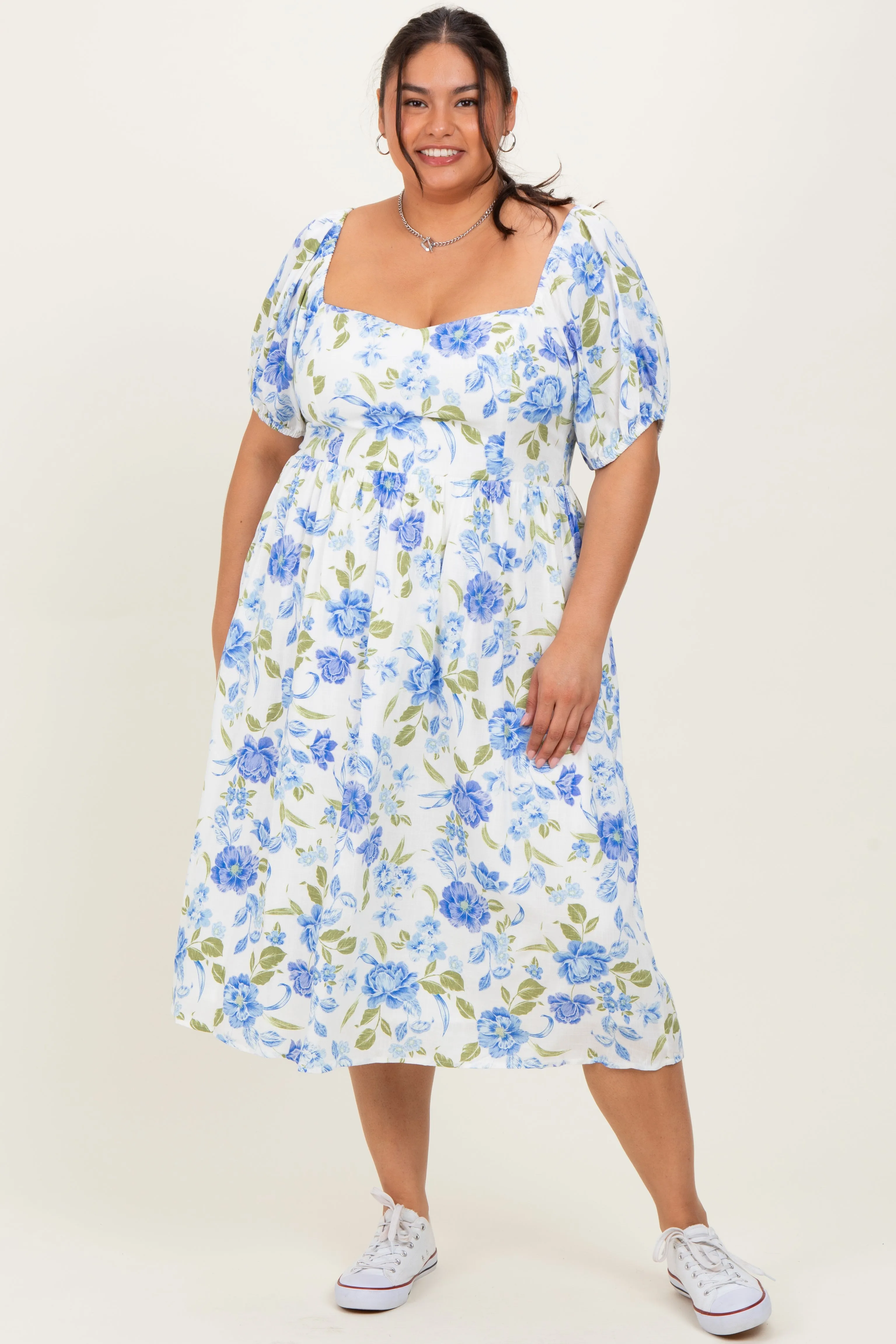 Blue Floral Sweetheart Neckline Puff Sleeve Plus Midi Dress sold by Pinkblush