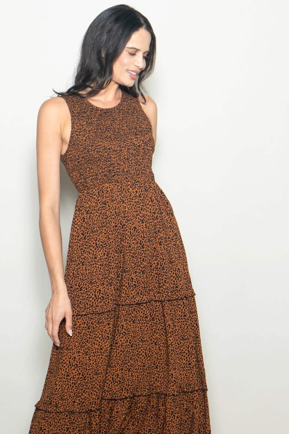 Brown Animal Print Sleeveless Smocked Tiered Maxi Dress sold by Pinkblush product image thumbnail 4