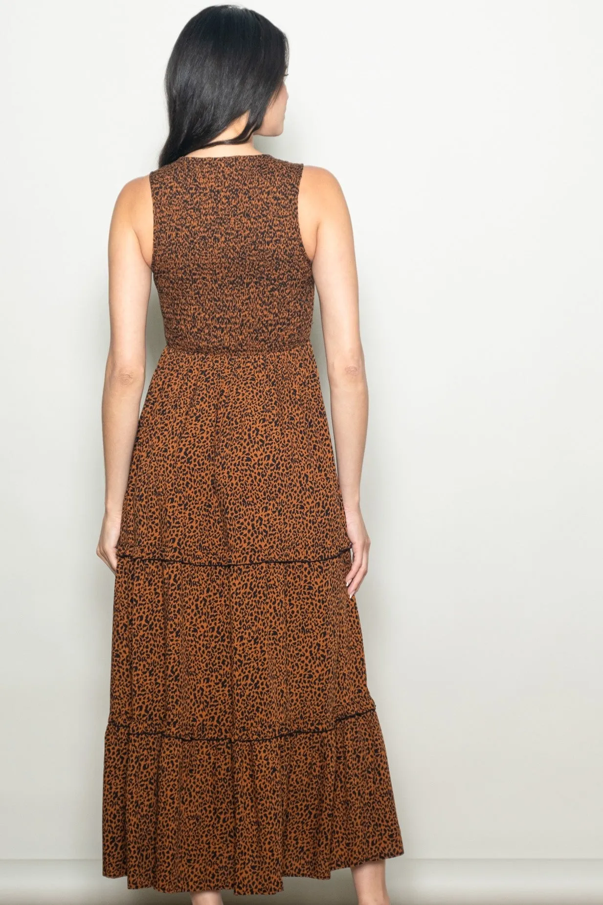 Brown Animal Print Sleeveless Smocked Tiered Maxi Dress sold by Pinkblush product image thumbnail 3