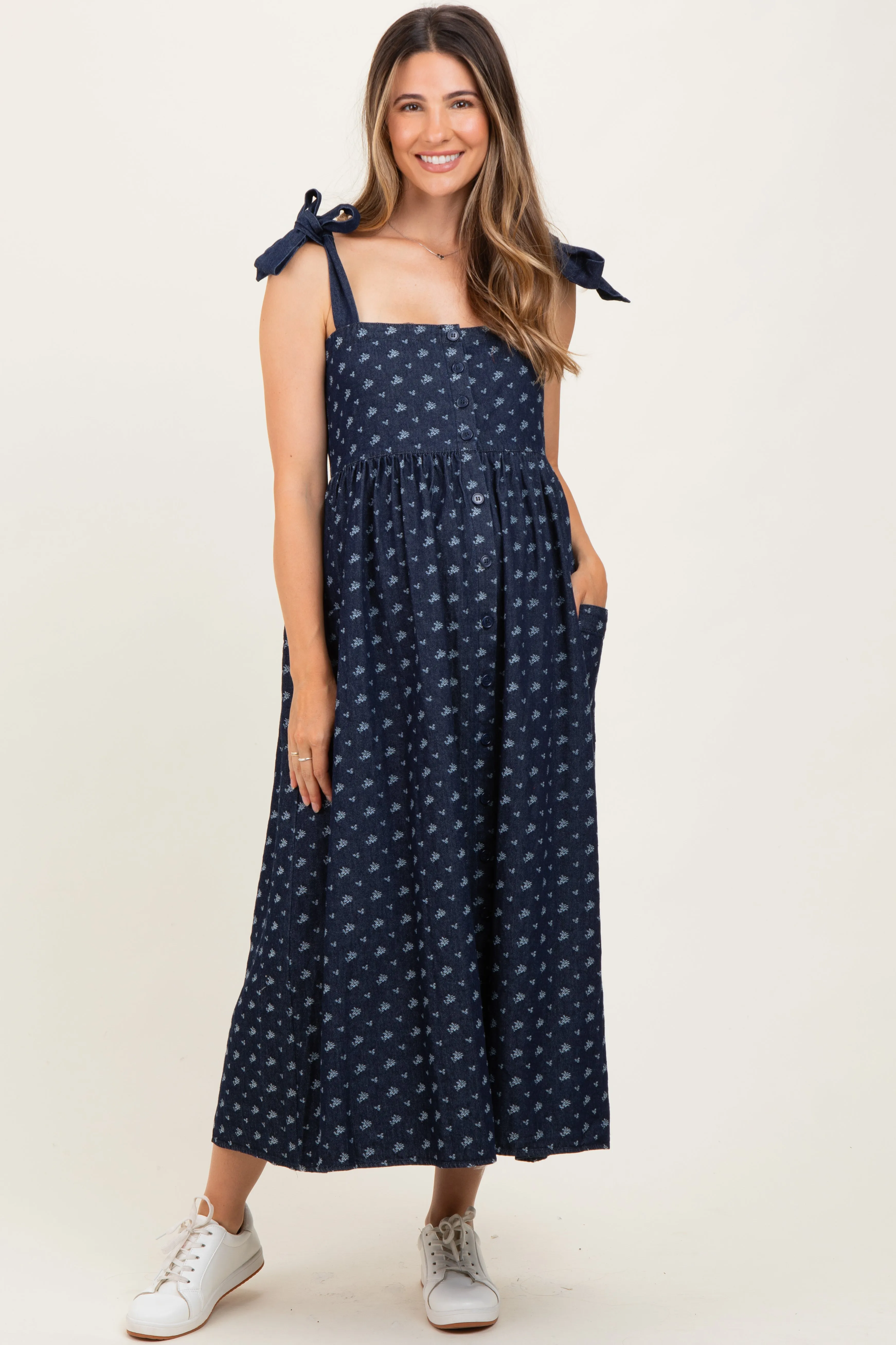 Navy Floral Button Down Shoulder Tie Maternity Midi Dress sold by Pinkblush
