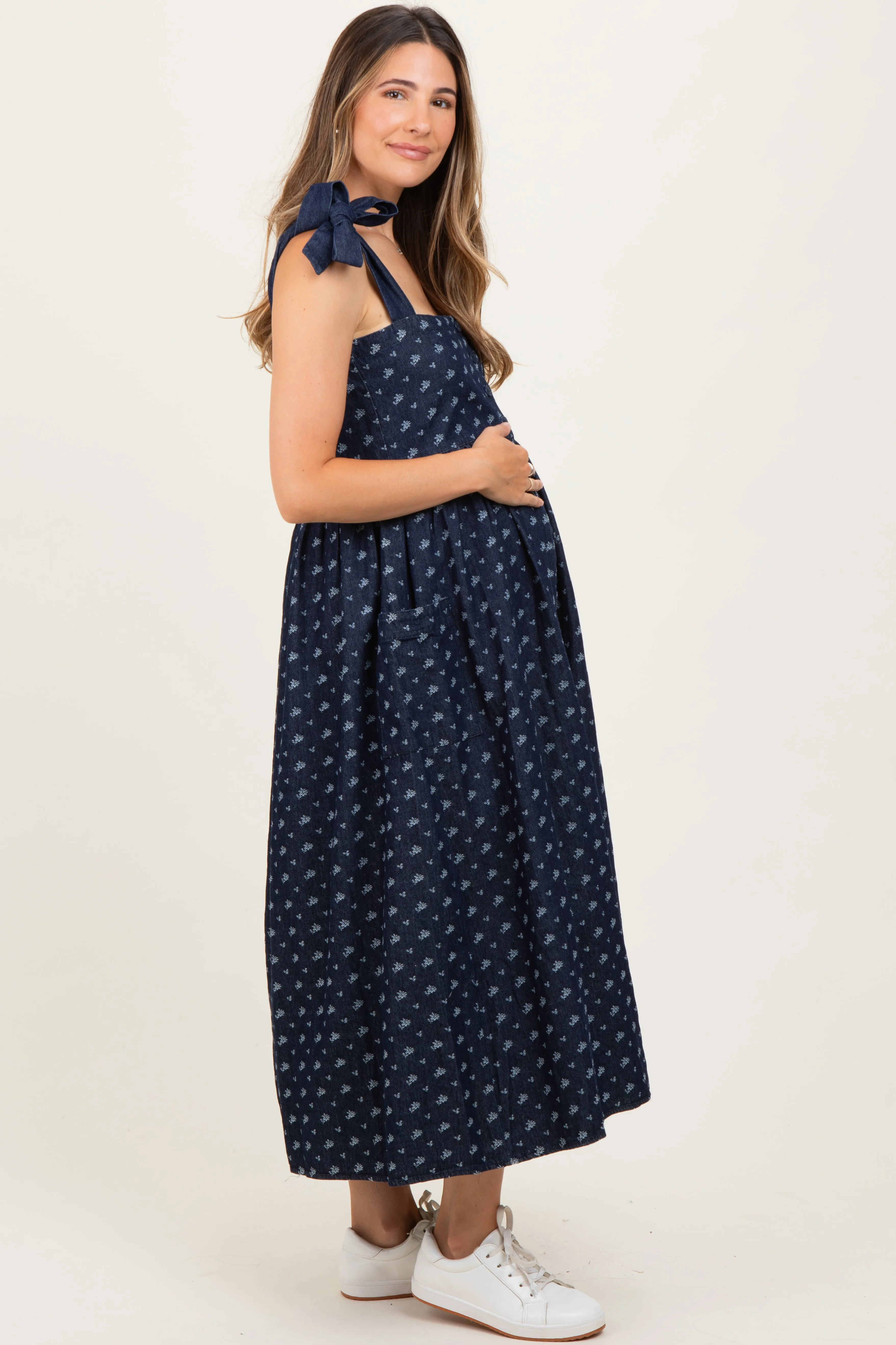 Navy Floral Button Down Shoulder Tie Maternity Midi Dress sold by Pinkblush product image thumbnail 2