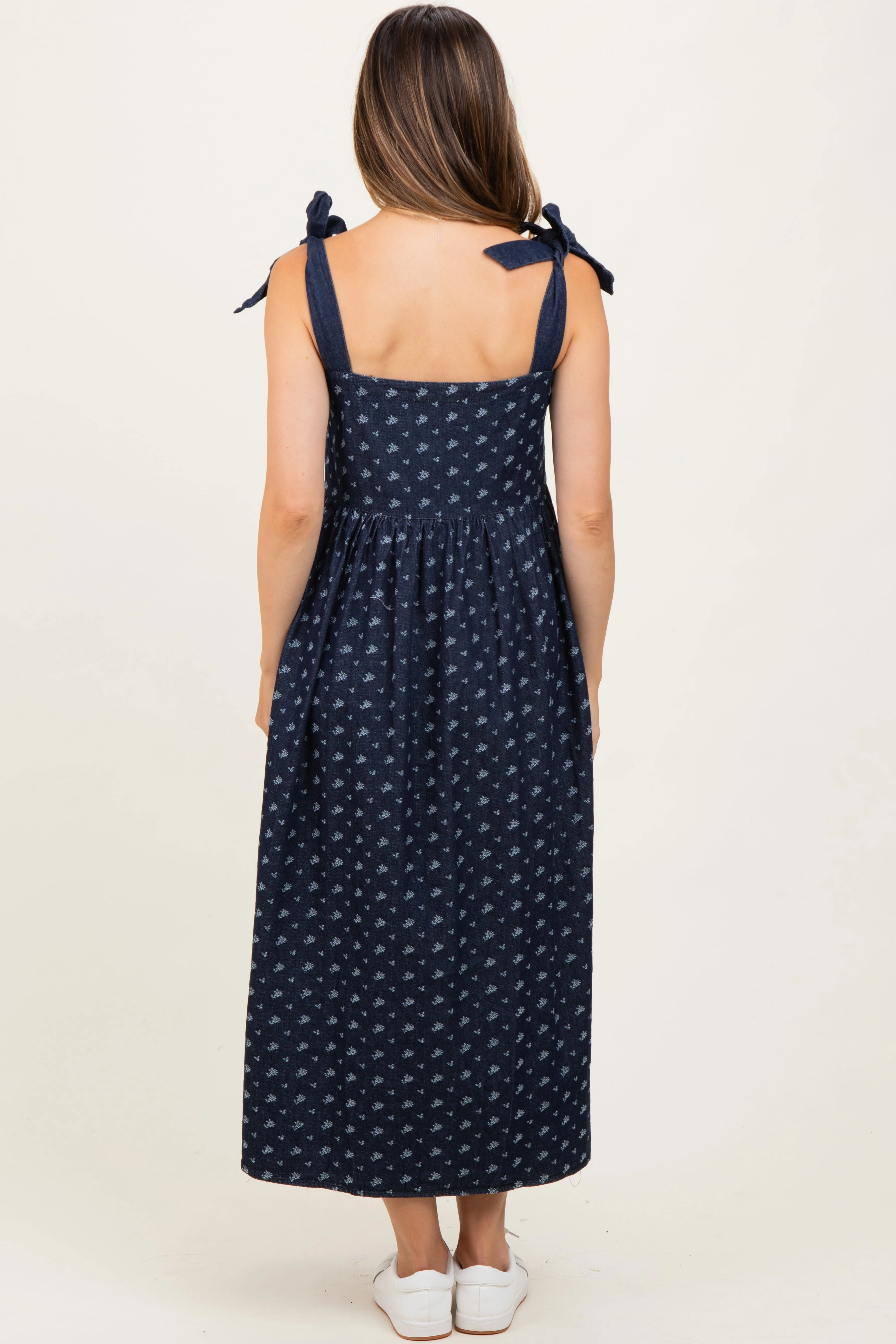 Navy Floral Button Down Shoulder Tie Maternity Midi Dress sold by Pinkblush product image thumbnail 3