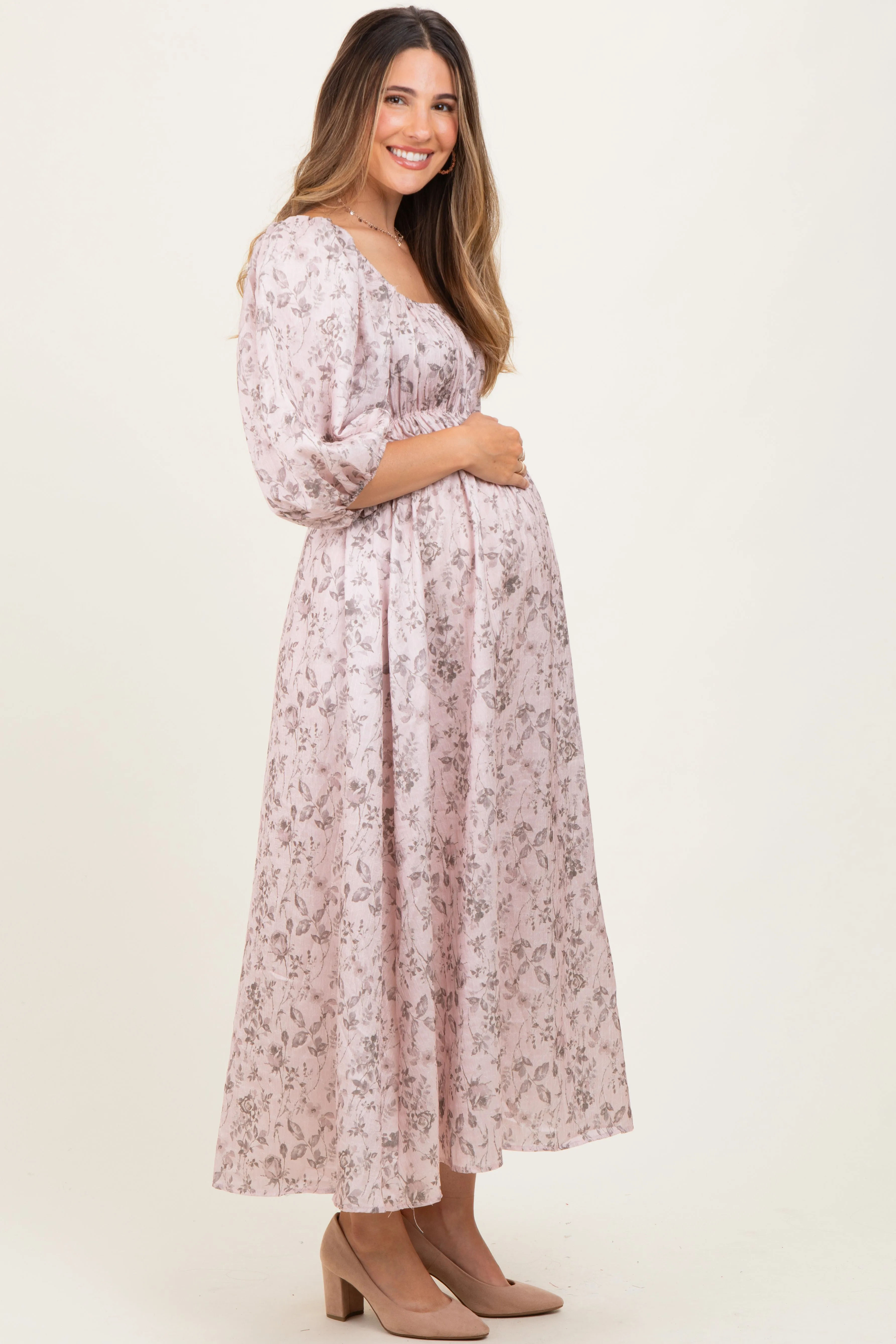 Light Pink Floral Puff Sleeve Smocked Waist Maternity Midi Dress sold by Pinkblush product image thumbnail 3