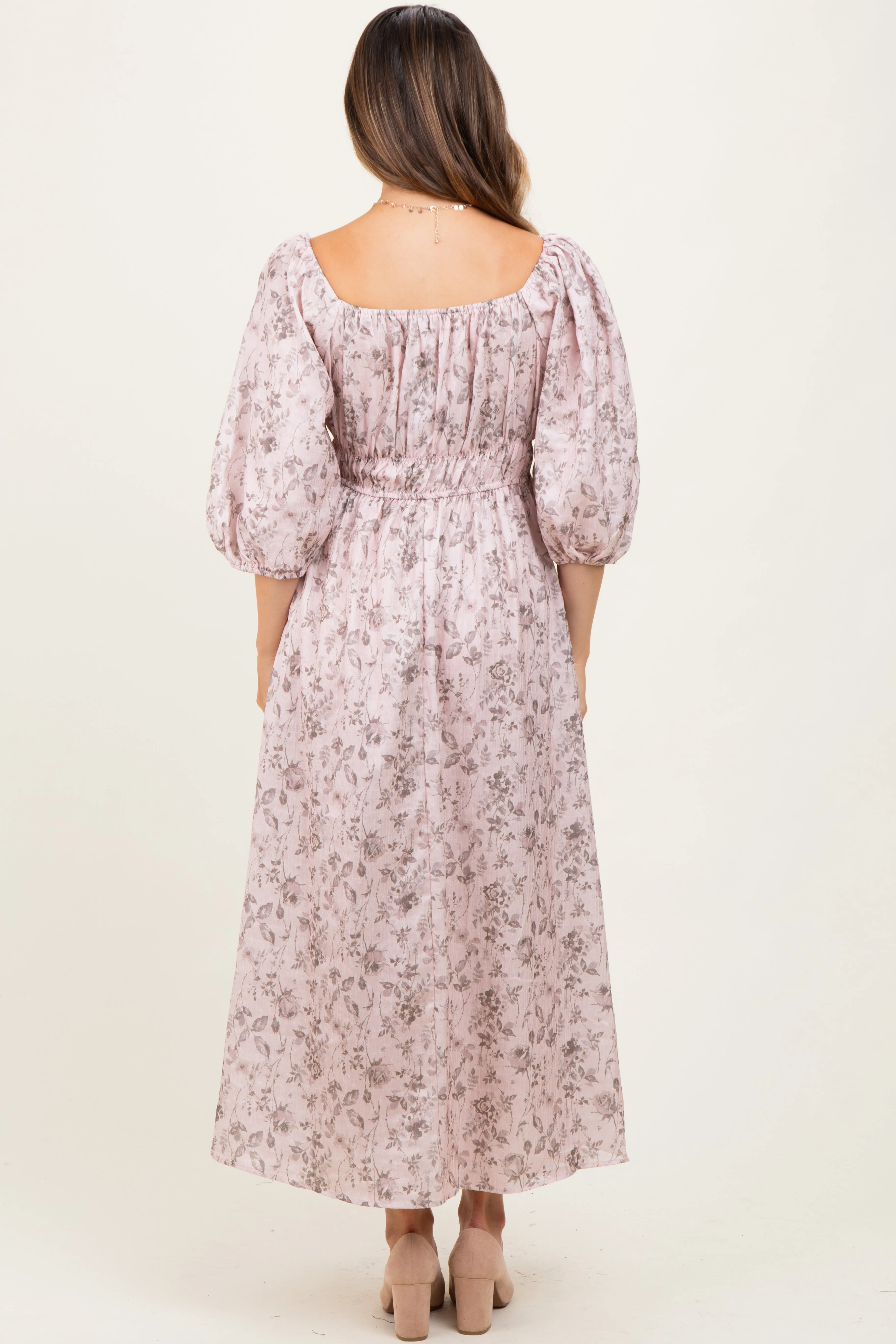 Light Pink Floral Puff Sleeve Smocked Waist Maternity Midi Dress sold by Pinkblush product image thumbnail 4