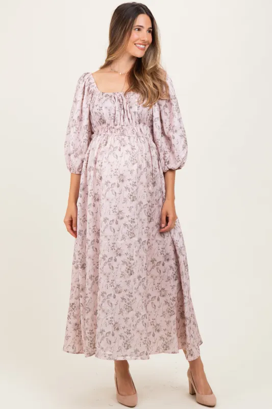 Light Pink Floral Puff Sleeve Smocked Waist Maternity Midi Dress sold by Pinkblush