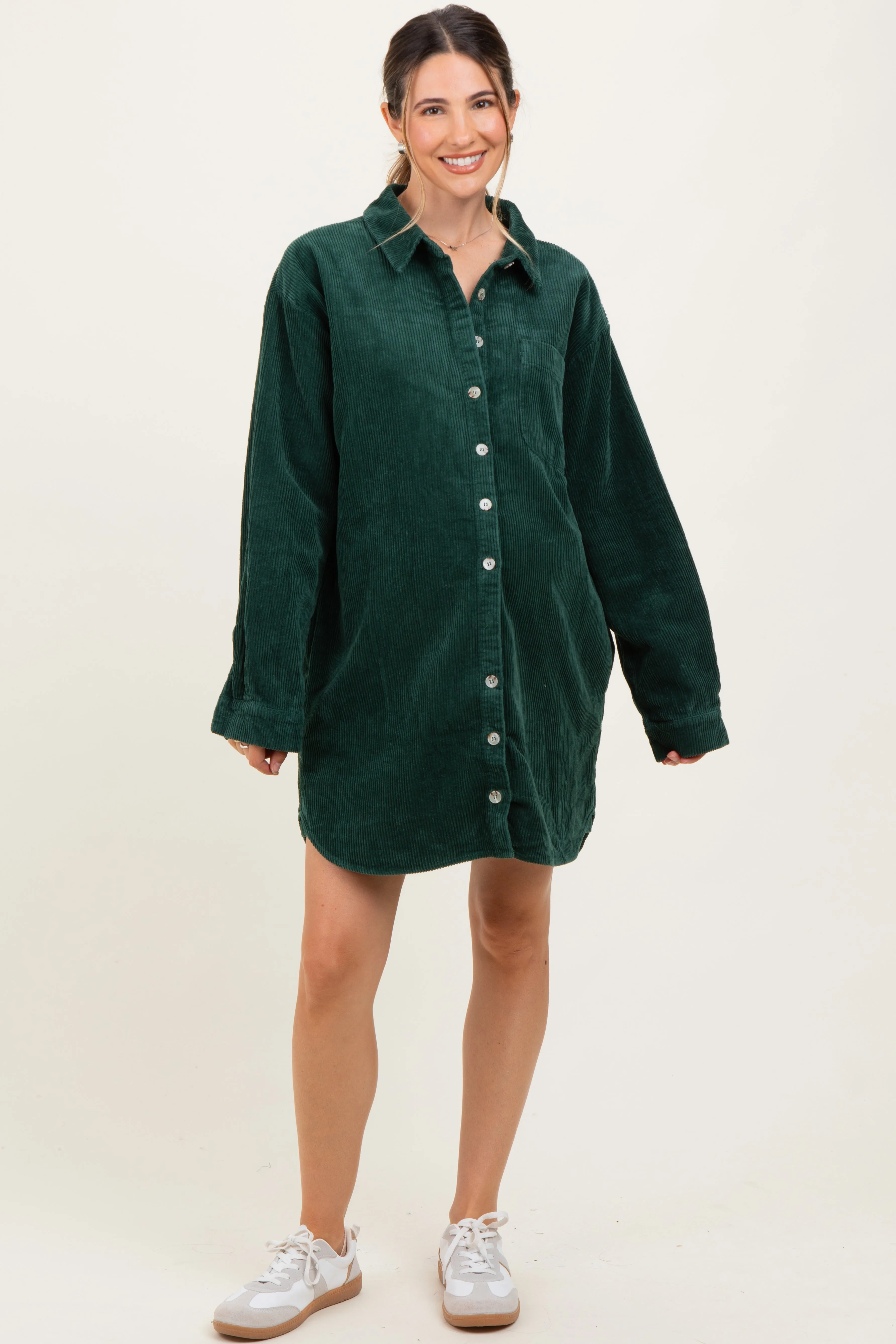 Forest Green Corduroy Maternity Shirt Mini Dress sold by Pinkblush
