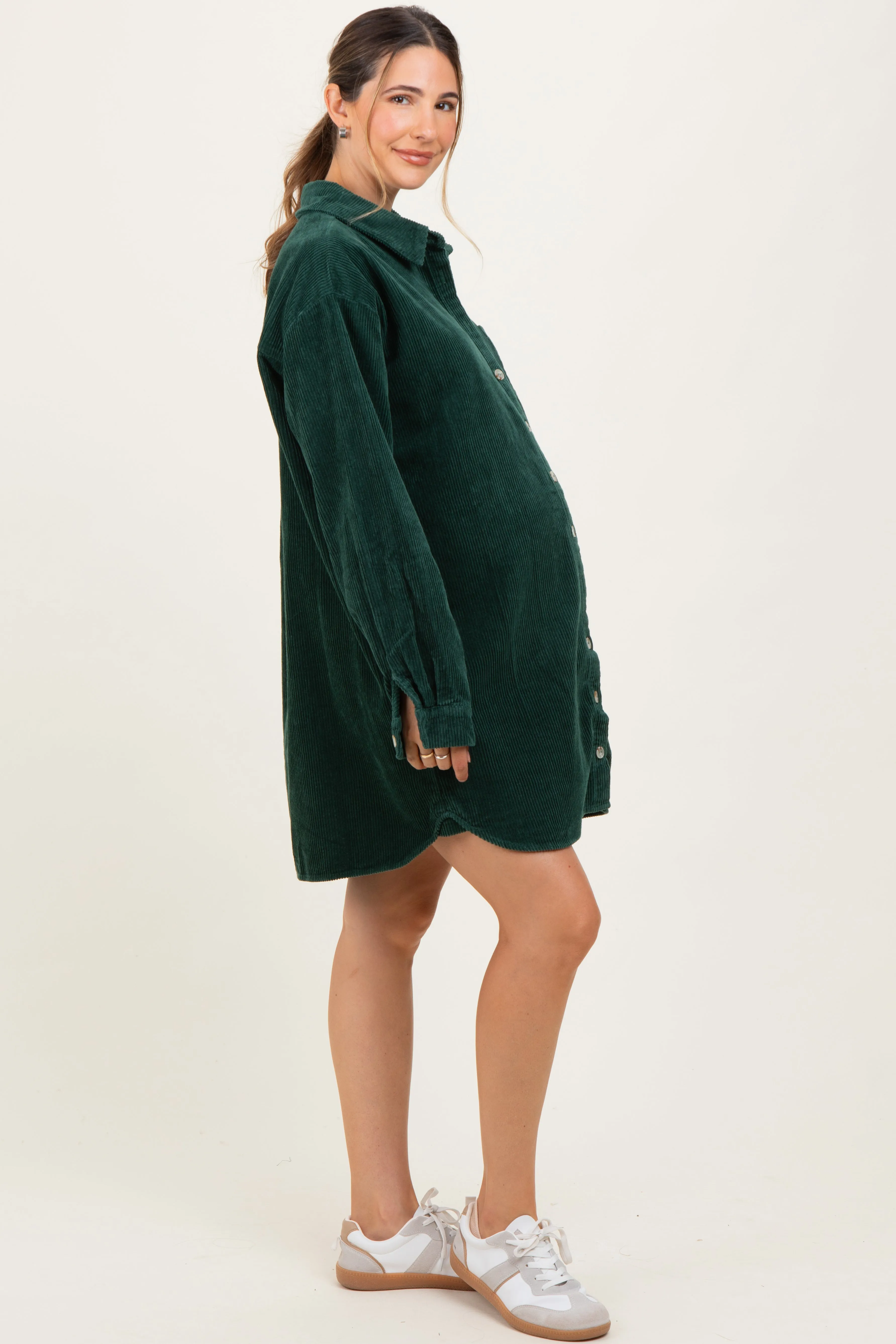 Forest Green Corduroy Maternity Shirt Mini Dress sold by Pinkblush product image thumbnail 2