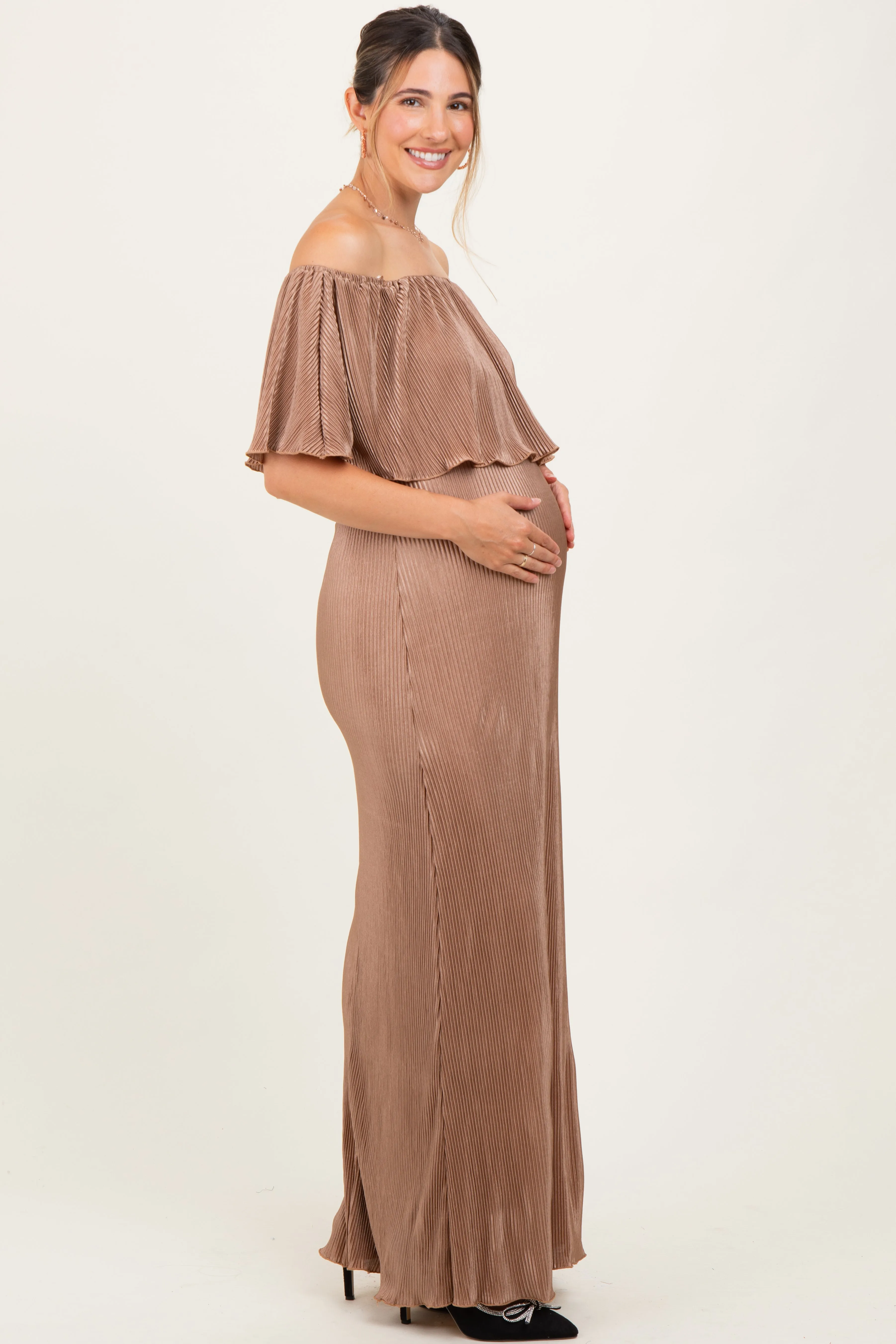 Mocha Pleated Ruffle Off Shoulder Maternity Maxi Dress sold by Pinkblush product image thumbnail 3