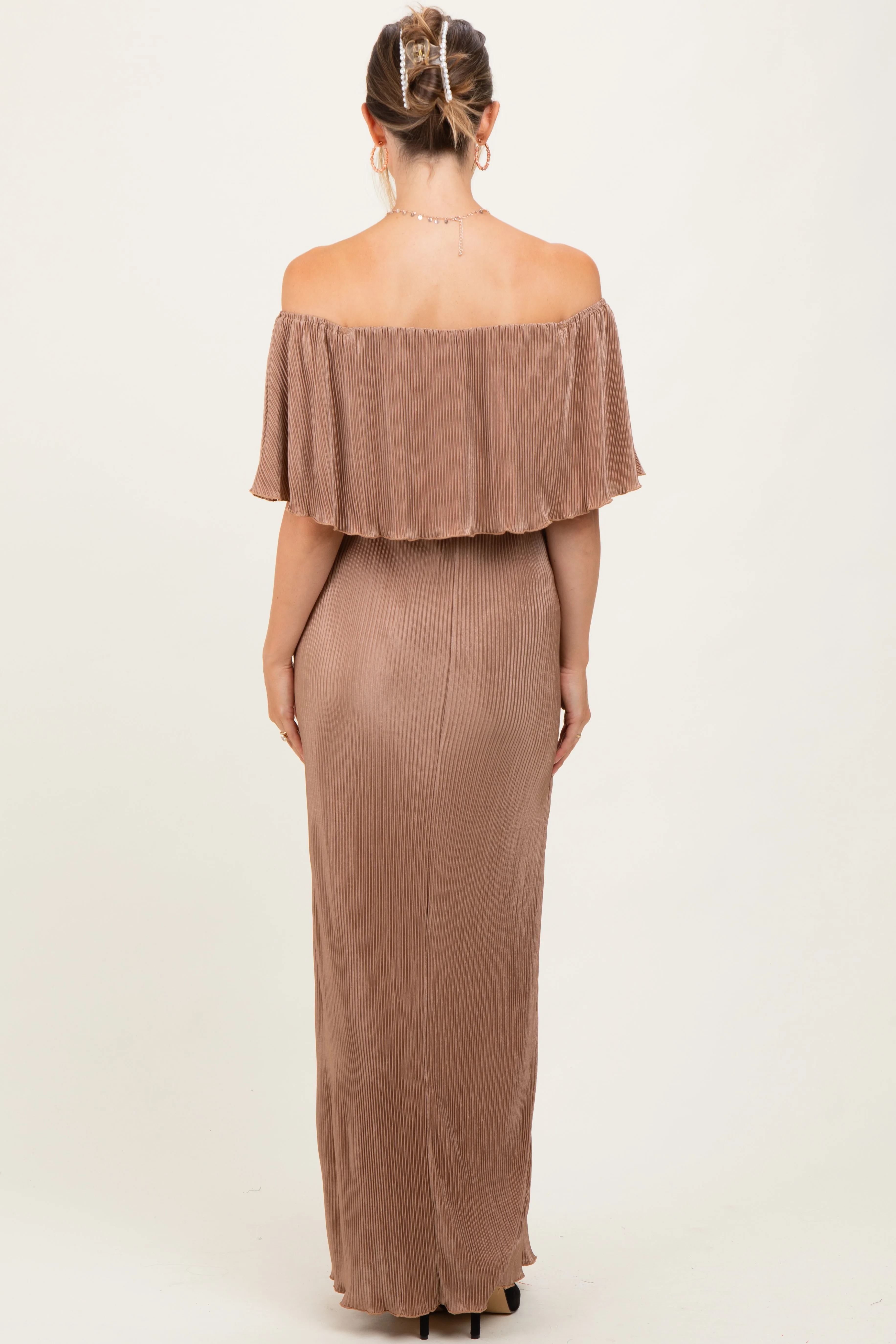 Mocha Pleated Ruffle Off Shoulder Maternity Maxi Dress sold by Pinkblush product image thumbnail 4